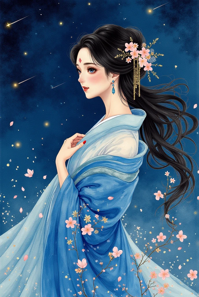  A fusion of ink painting and watercolor painting、A neat and beautiful Japanese woman、Black Hair、 Beautiful Faces 、 Blue Dress、 starry sky 、 shooting star、 petals、masterpiece、 best quality、