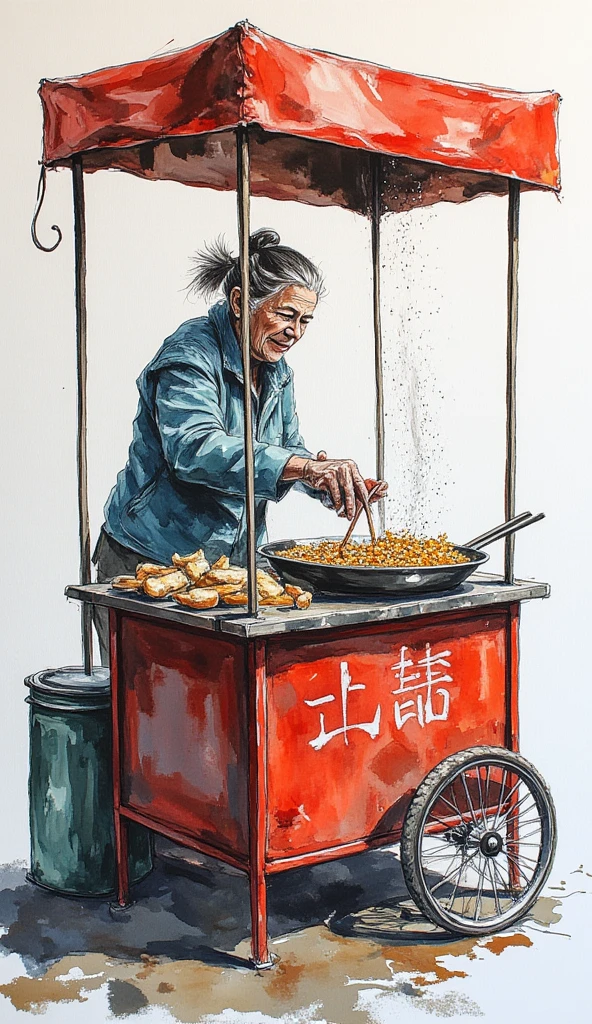 a mural art of an old woman from china deep frying a snack in her food stall, white background