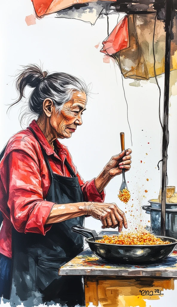 a mural art of an old woman from china deep frying a snack in her food stall, white background