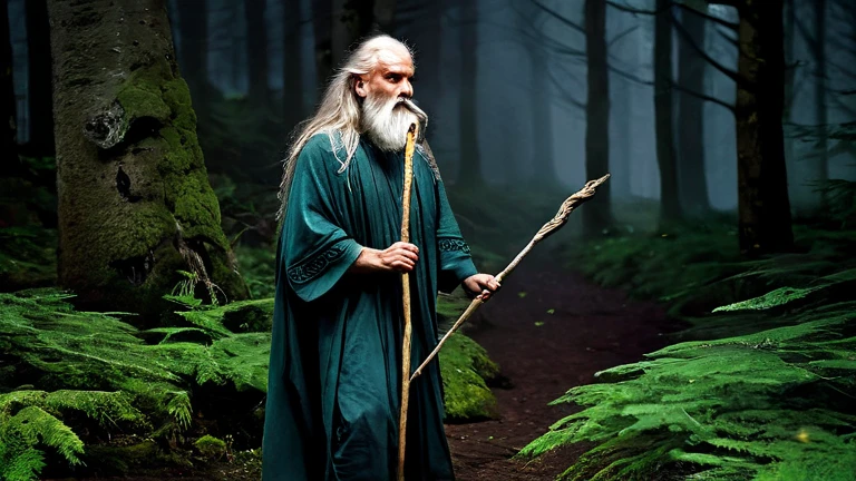  hyperrealistic , premium raw ,  a Celtic Druid with a white beard ,  long hair and a long stick with light on the top of the stick,  walking headlong through a dark forest ,  surrounded by hungry wolves .