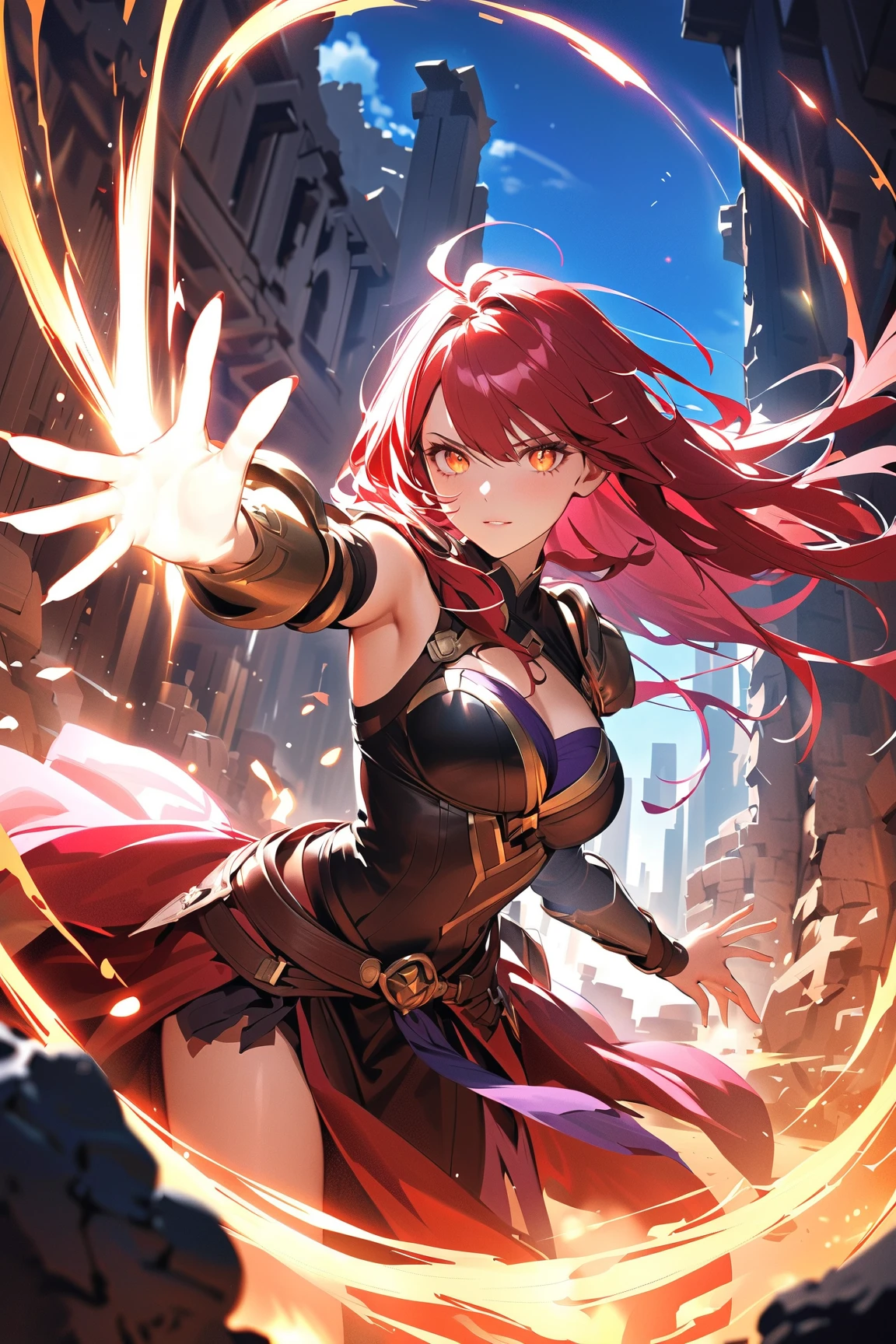 A close-up of a woman with long red hair and armor, ayaka Genshin Impact impact, ayaka game Genshin Impact impact, Portrait of a girl in the Knights of the Zodiac, Female protagonist, Kschaert Krentz Key Art Feminine, Valentine Shuffle, Genshin Impact impact character, Genshin Impact, it was, Artjam and Athi Gairan, portrait knight woman,(Cowboy Shot,One woman),Red Eyes,Shortcuts