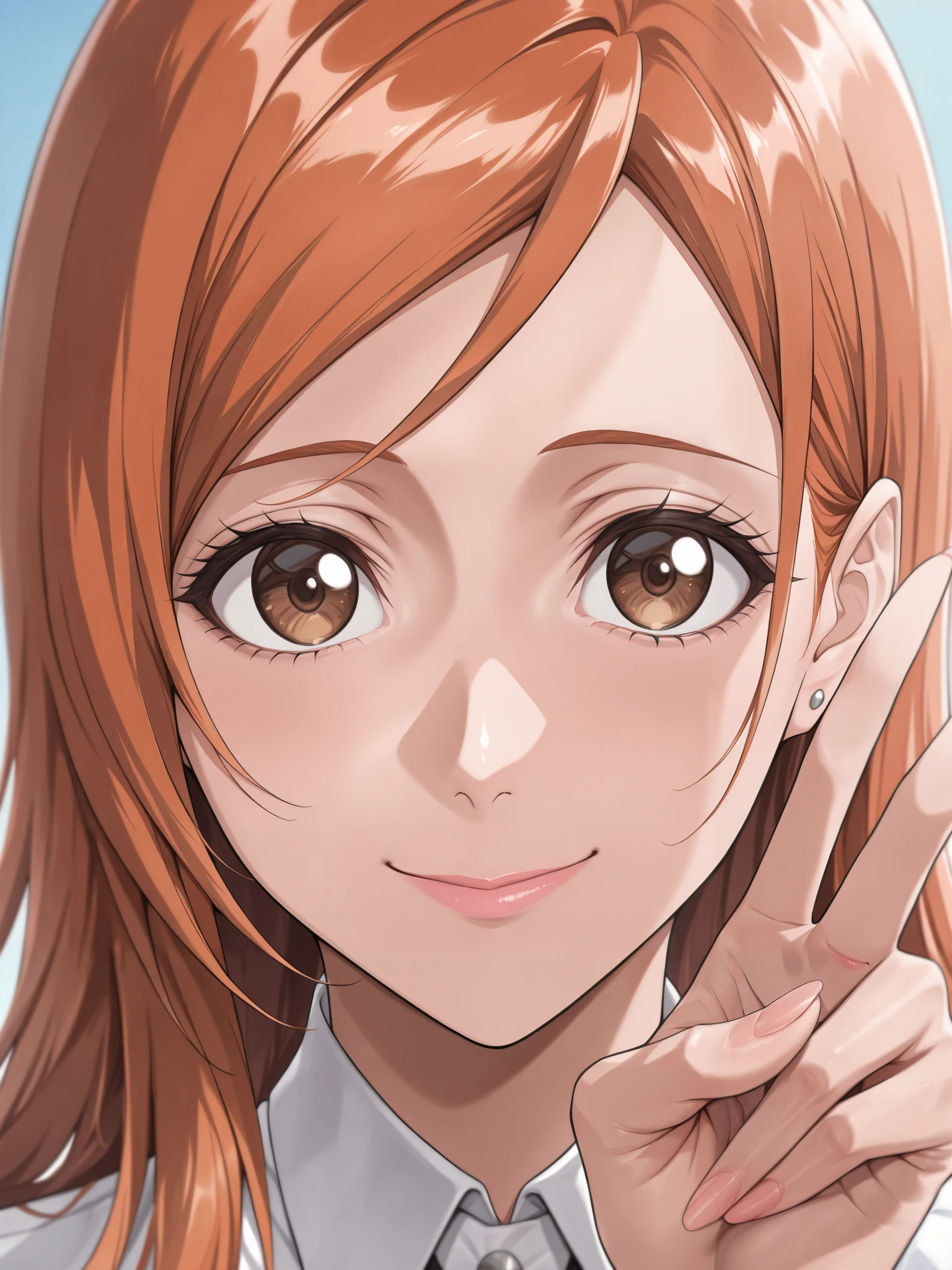 masterpiece, best quality, amazing quality, very aesthetic, absurdres, newest, scenery,highly detailed,high-resolution,close-up portrait,female,woman,inoue orihime,bleach,orange hair,long hair,brown eyes,fair skin,glossy texture,pink lips,white collared shirt,simple background,blue background,v sign,one hand,heart,focused subject,sharp focus,medium depth of field,slight smile,looking at viewer,from the side,clean lines,smooth lines,sharp,masterpiece, best quality, amazing quality, very aesthetic, absurdres, newest, scenery
