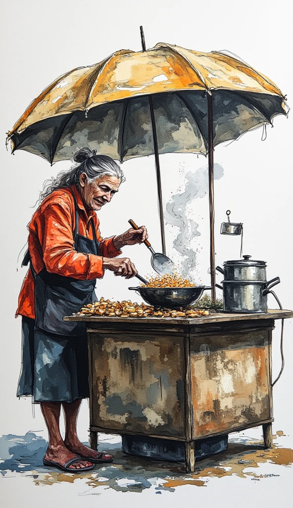 a mural art of an old woman from asia deep frying a snack in her food stall, white background