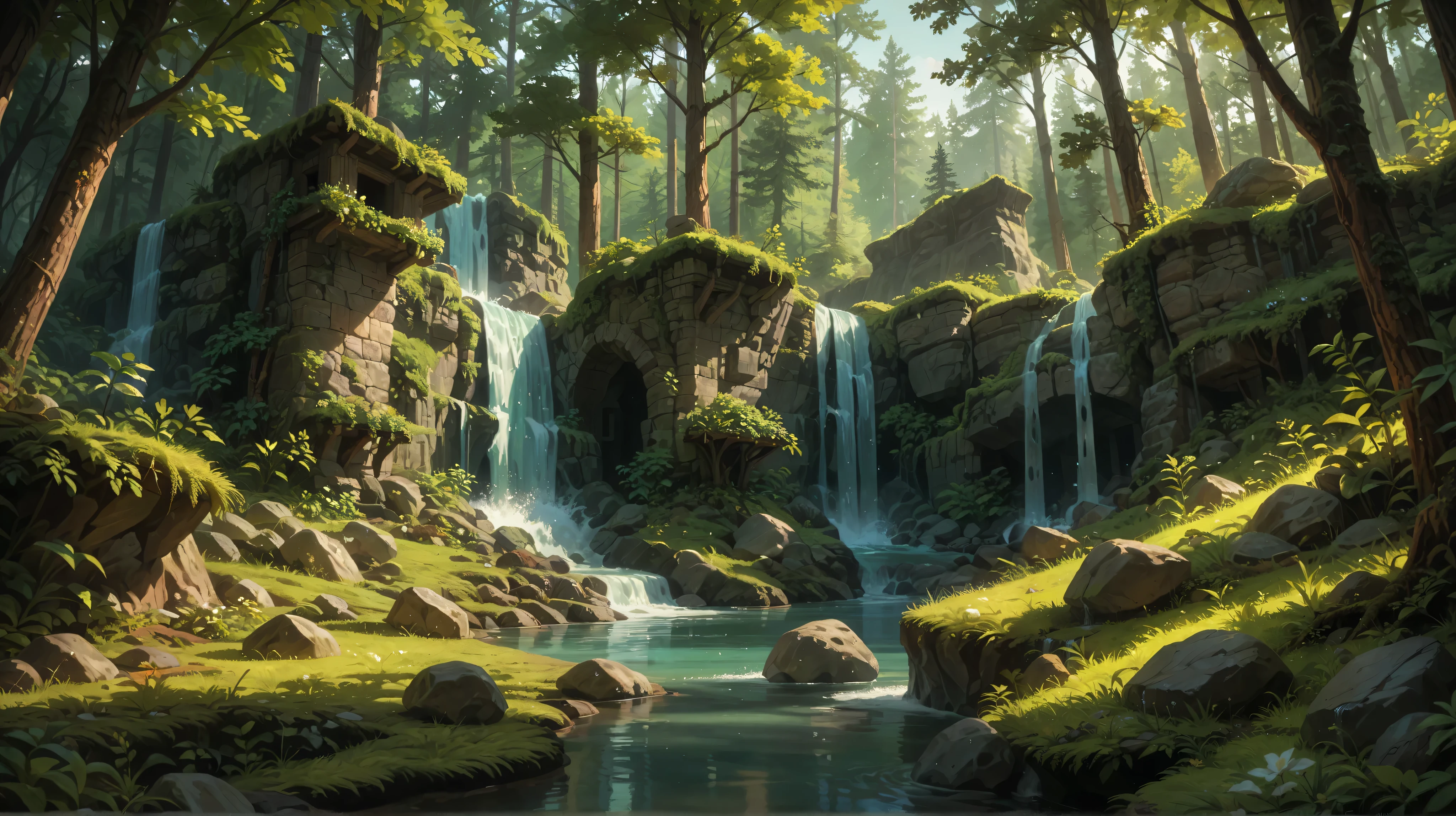 Medieval fantasy forest, rocks, waterfall, calm, 