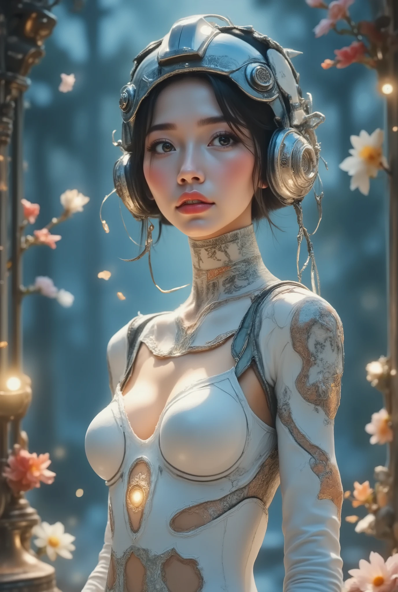 Breathtaking beauty, Perfect Composition ,standing, sharp focus , proper placement , Golden Ratio, high definition , top quality , exquisite resolution, super detailed , masterpiece, Photorealistic , 32k resolution, One Beautiful Japanese Woman, Half Japanese and half Korean, Big Breasts, big ass, (Absolutely shoulder-length Silver straight short bob), Futuristic Fashion , fashion portrait, top quality , realistic , (white ceramic Sports Underwear), (Reinforced Plastic_ceramic_A complex fusion of leather:1.37), white ceramic harness, ( Minimal Surface Area :2.0), Intricately Designed Turquoise Harness , thong panties:1.5, complex joints, Complex shoulder harness, headgear , Intricate and futuristic accessories, Reflective surface, The beauty of minimalism, Advanced Technology, A harmonious posture, Amazing Complexity , COMPLETE ANATOMY, sweaty body, detailed face , Delicate and Realistic Oily Skin Texture , simple background, Dynamic and Emotional Movie Light,