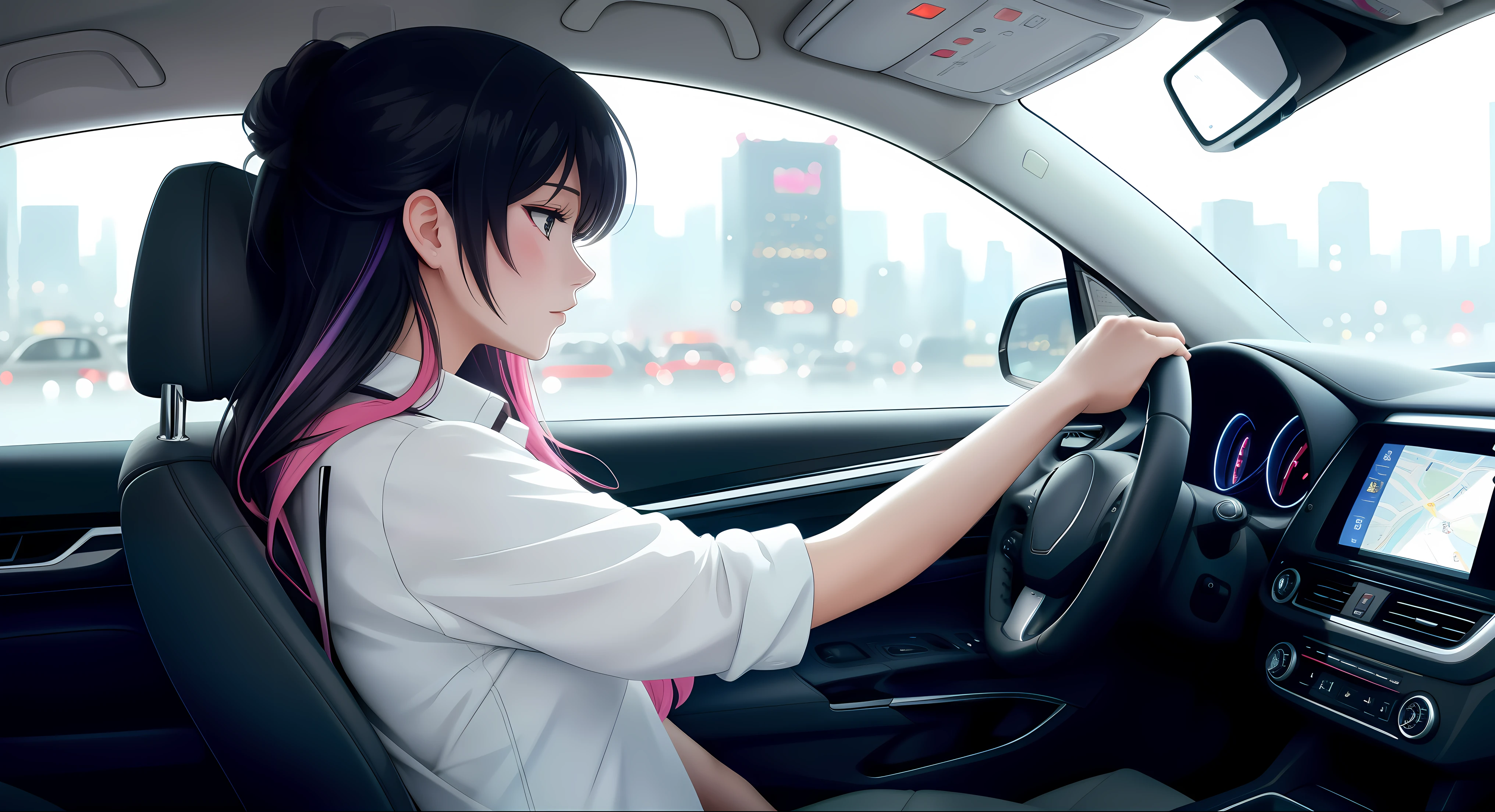 "An anime-style illustration of a woman inside a standard car, viewed from a side angle. She is wearing a white shirt and black trousers, with both hands on the steering wheel. The background shows a vibrant cityscape with neon lights visible through the car windows. The focus is on her profile, capturing her calm and focused expression. The car interior is simple and modern, with soft lighting and reflections from the city outside."