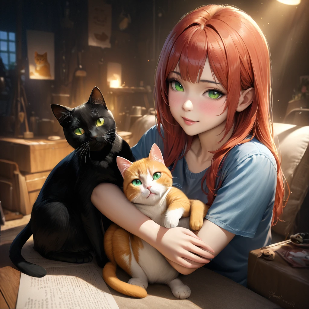 2 beautiful cats, black cat, ginger cat, cats with green eyes, cats hugging, magical atmosphere, cute atmosphere, masterpiece, best quality, 8k, ultra-detailed, realistic, photorealistic, studio lighting, vivid colors