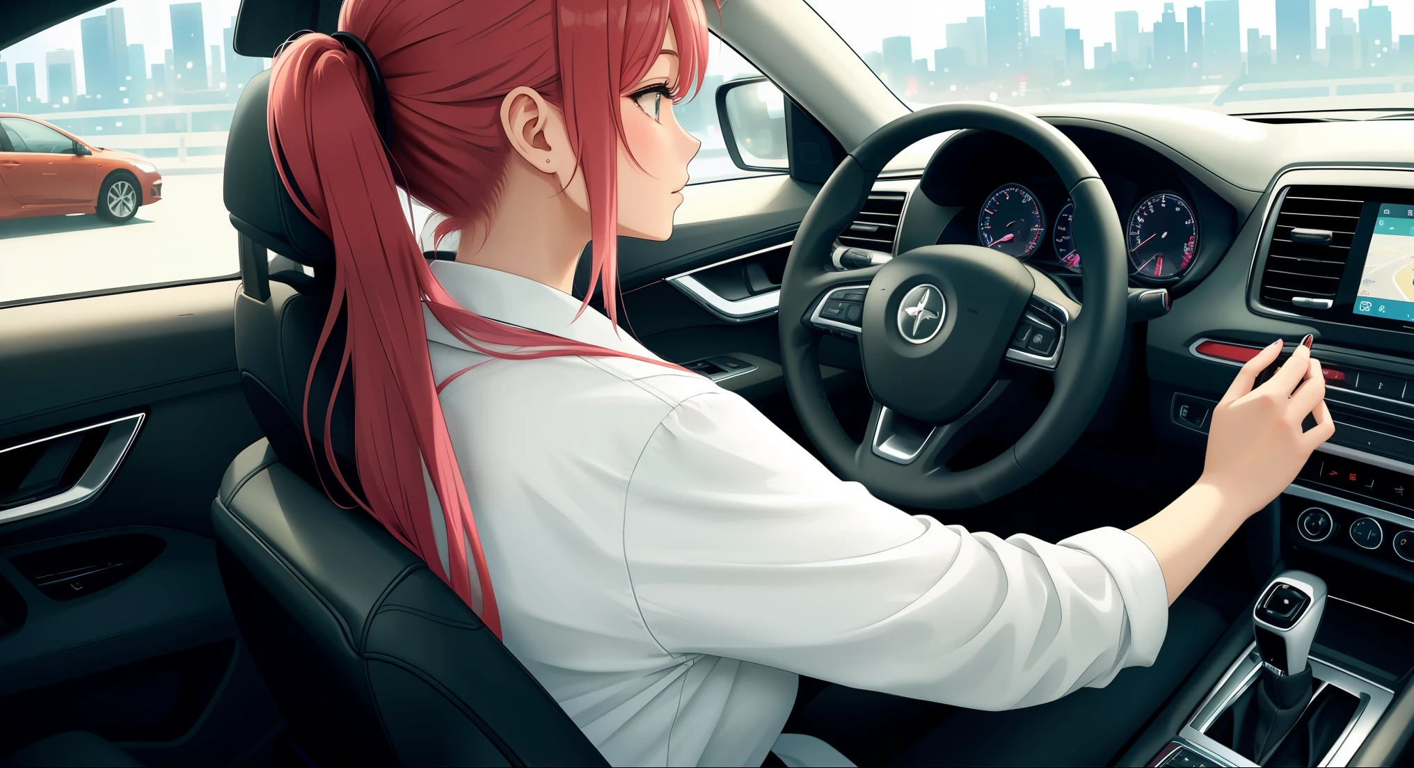 "An anime-style illustration of a woman inside a standard car, viewed from a side angle. She is wearing a white shirt and black trousers, with both hands on the steering wheel. The background shows a vibrant cityscape with neon lights visible through the car windows. The focus is on her profile, capturing her calm and focused expression. The car interior is simple and modern, with soft lighting and reflections from the city outside."