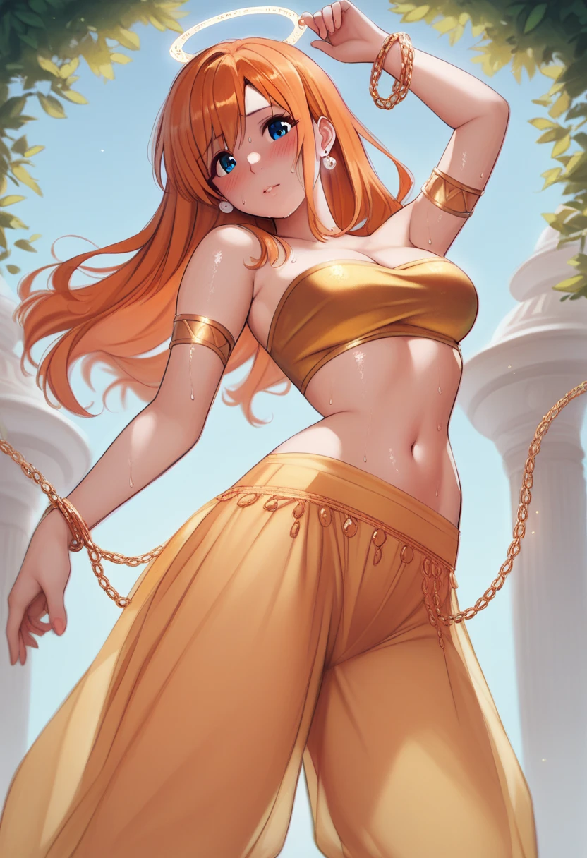 (Masterpiece, Best Quality, High Quality), kousaka honoka , kousaka honoka, blue eyes, orange hair, lavender silk bandeau top with golden accents and dangling ornaments, cleavage,transparent flowing skirt adorned with golden chains and a large blue sapphire centerpiece at the waist,Golden armlets encrusted with tiny jewels,8k wallpaper, looking at viewer, earrings, outdoors, erotic figure, (blushing) , sweating,transparent harem pants,p4l0m4, one hand in crotch, one arm up, covered navel, dancing, dutch angel, slightly from side, slightly from below