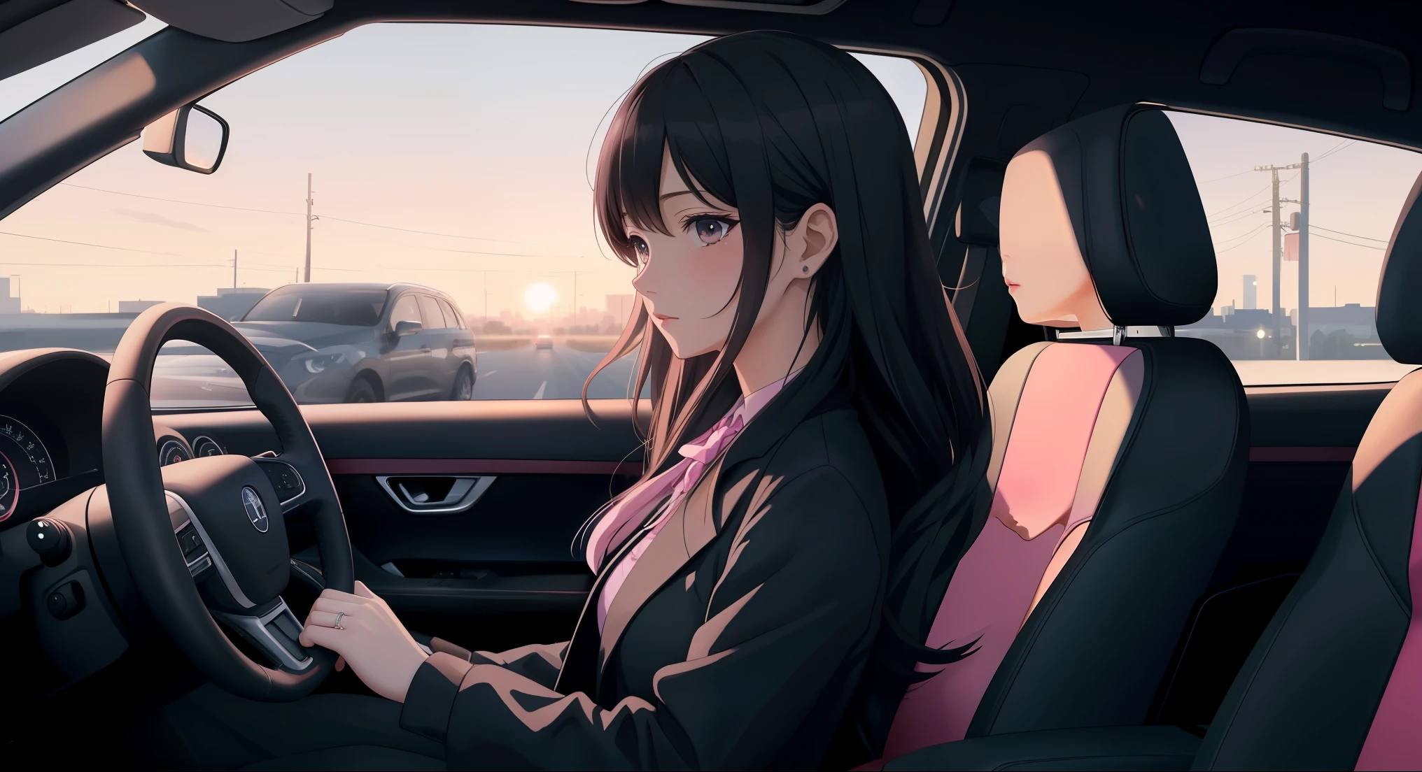 "An anime-style illustration of a woman inside a standard car, viewed from a side angle. She is wearing an all-black outfit, looking composed and elegant, with both hands on the steering wheel. The background shows a quiet city in the early morning, with soft pastel skies of blue and pink. The focus is on her peaceful and calm expression, with gentle morning light filling the car."

