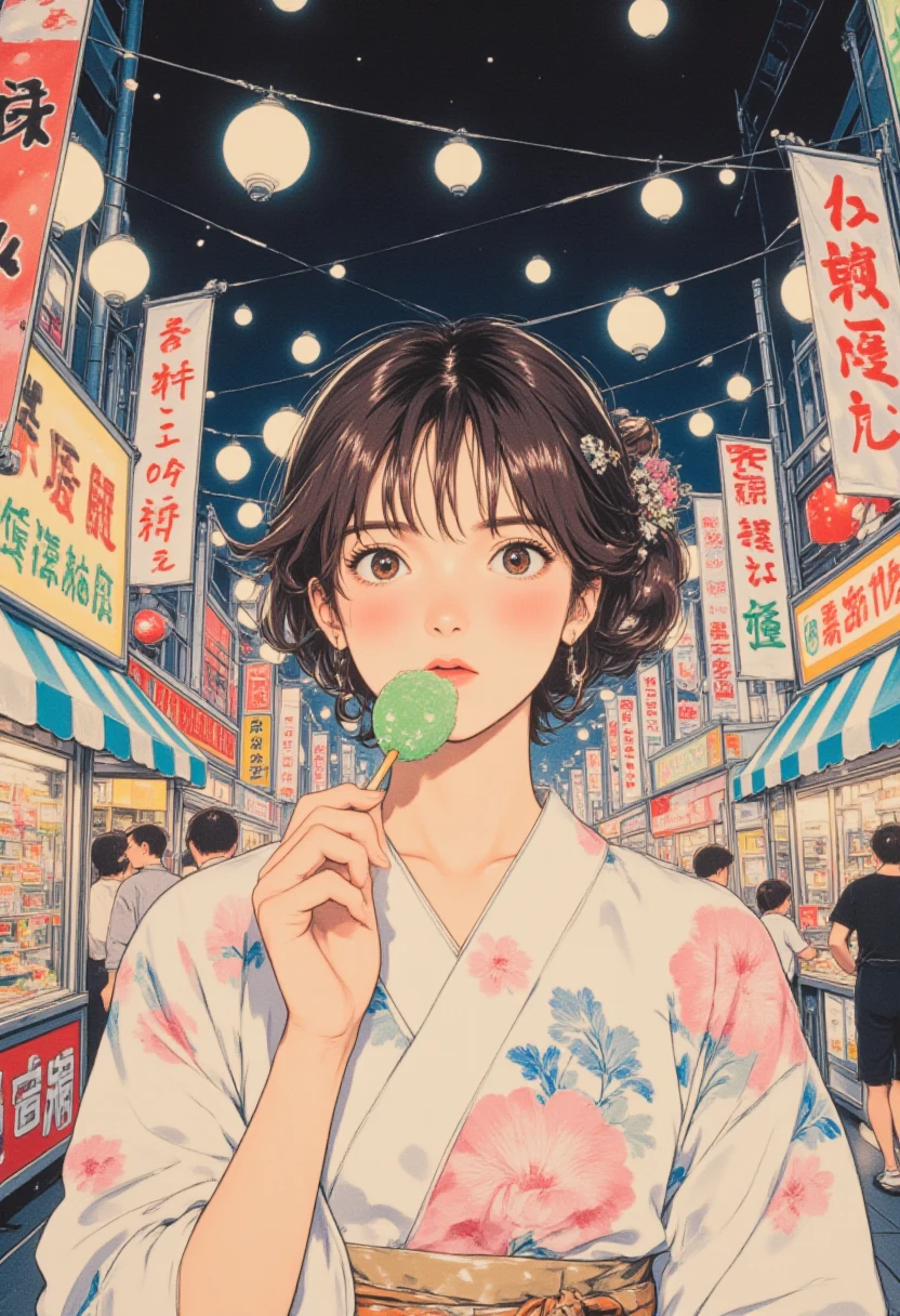 vintage anime, faded color, In a nostalgic Japanese summer festival, a young woman wearing a delicate, pastel yukata adorned with floral patterns gazes softly at the viewer while enjoying a piece of vibrant green candy on a stick. Her hair is styled in a neat bun with ornamental hairpins, and she stands illuminated by the soft glow of lanterns hanging from strings above. The warm ambiance is enhanced by colorful stalls, each displaying traditional snacks and games, and flags waving gently overhead, creating a picturesque and serene moment