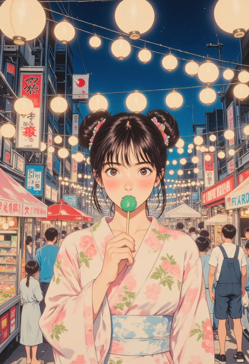 vintage anime, faded color, In a nostalgic Japanese summer festival, a young woman wearing a delicate, pastel yukata adorned with floral patterns gazes softly at the viewer while enjoying a piece of vibrant green candy on a stick. Her hair is styled in a neat bun with ornamental hairpins, and she stands illuminated by the soft glow of lanterns hanging from strings above. The warm ambiance is enhanced by colorful stalls, each displaying traditional snacks and games, and flags waving gently overhead, creating a picturesque and serene moment