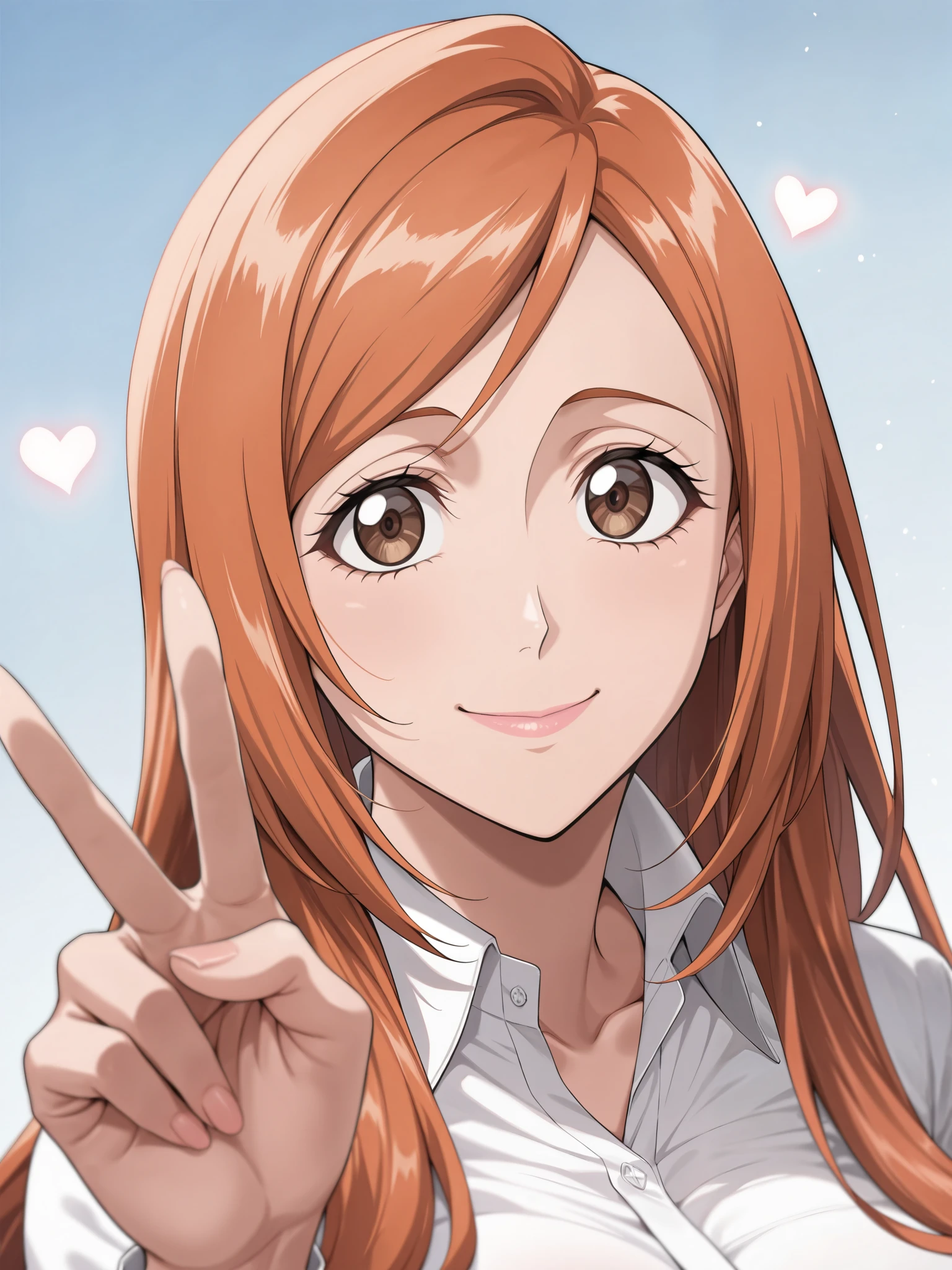 masterpiece, best quality, amazing quality, very aesthetic, absurdres, newest, scenery,highly detailed,high-resolution,close-up portrait,female,woman,inoue orihime,bleach,orange hair,long hair,brown eyes,fair skin,glossy texture,pink lips,white collared shirt,simple background,blue background,v sign,one hand,heart,focused subject,sharp focus,medium depth of field,slight smile,looking at viewer,from the side,clean lines,smooth lines,sharp,masterpiece, best quality, amazing quality, very aesthetic, absurdres, newest, scenery
