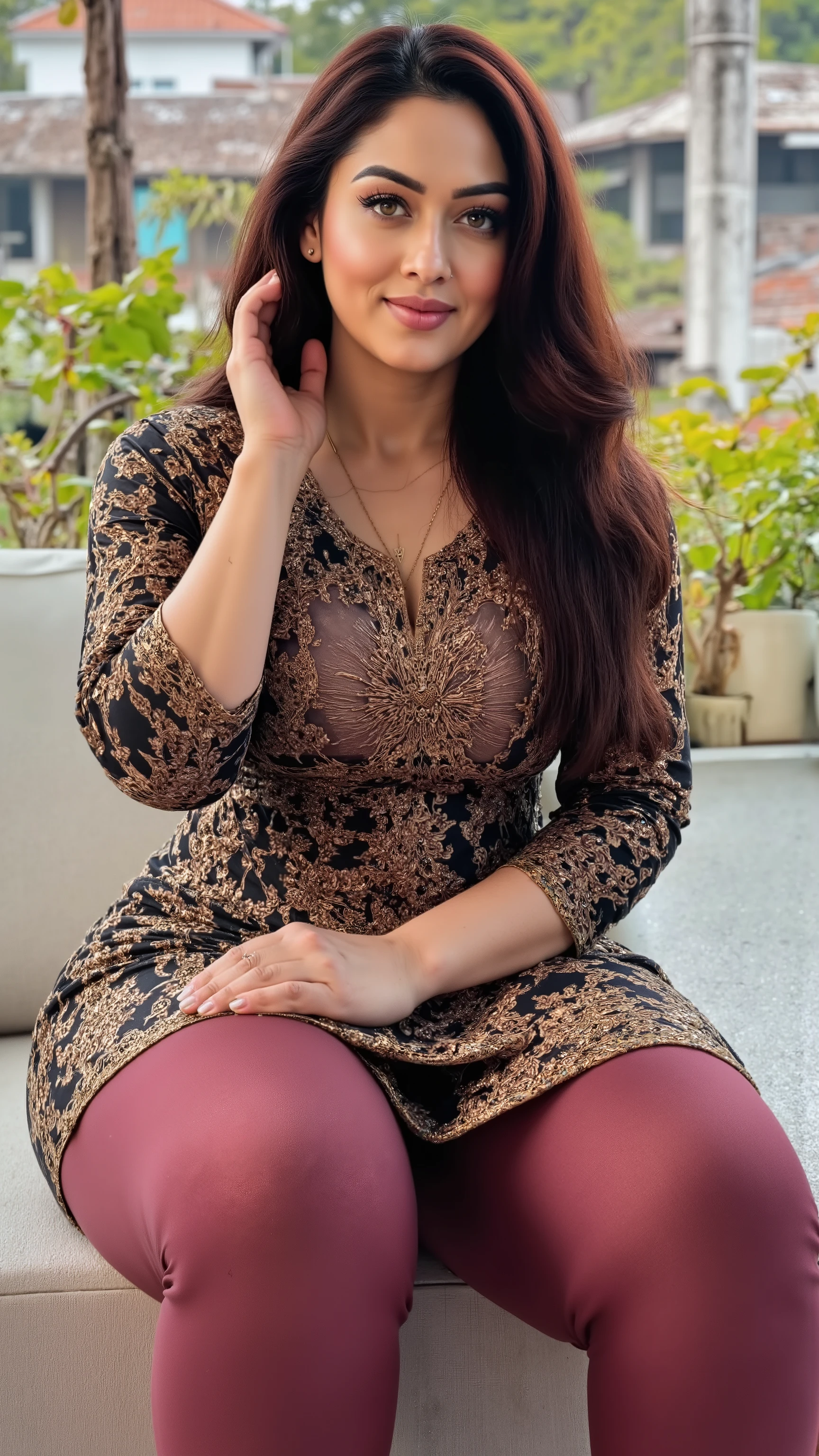 I am 50 year old plus size tall and big giant indian muslim women, looking like indian actress hansika motwani, wearing a black and gold mix colour printed Sleevless transparent knee length kurti and shining reflective glossy mauve leggings and shining red silk hijab,white-skin,

white skin tone, beautiful face, red lips, clean skin, celebrity face, thick leggs, round ass,bulging ass,huge breast,scooping D cup Breast,long polished nails,6 inch gold and red mix stileto heels,

women sitting on knees on floor for muslim prayer, both hands resting on thighs,in a black painted beautiful kitchen,women have huge bulging ass, happy face,looking the viewer,realistic photo,full body image,wide angle shot in camera, realistic photo, looking on camera for a snap,a quarter back side view of women,UHD photo,generate only woman sitting in side pose images and no standing images,exposing ass through kurti slit,