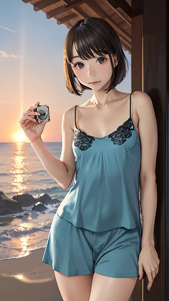 one girl, (****ars old:1.4),(Very Young Face), (japan Person famous idol), cute face, ash gray hair:1.5, bob hair, short hair, camera's line of sight, small breasts, An ennui look, (((camisole, dress))) , particles of light, sea of ​​sunset, calm sea, white sand beach, very beautiful sunset, RAW photo, highest quality, High resolution, High resolution, masterpiece:1.3, 8k, 12k, professional photographer,((Extremely precise and accurate anatomy:1.0)),Kind eyes,Graceful pose,(Beauty of form:1.4) Golden ratio, big eye,(nature's providence:1.4),