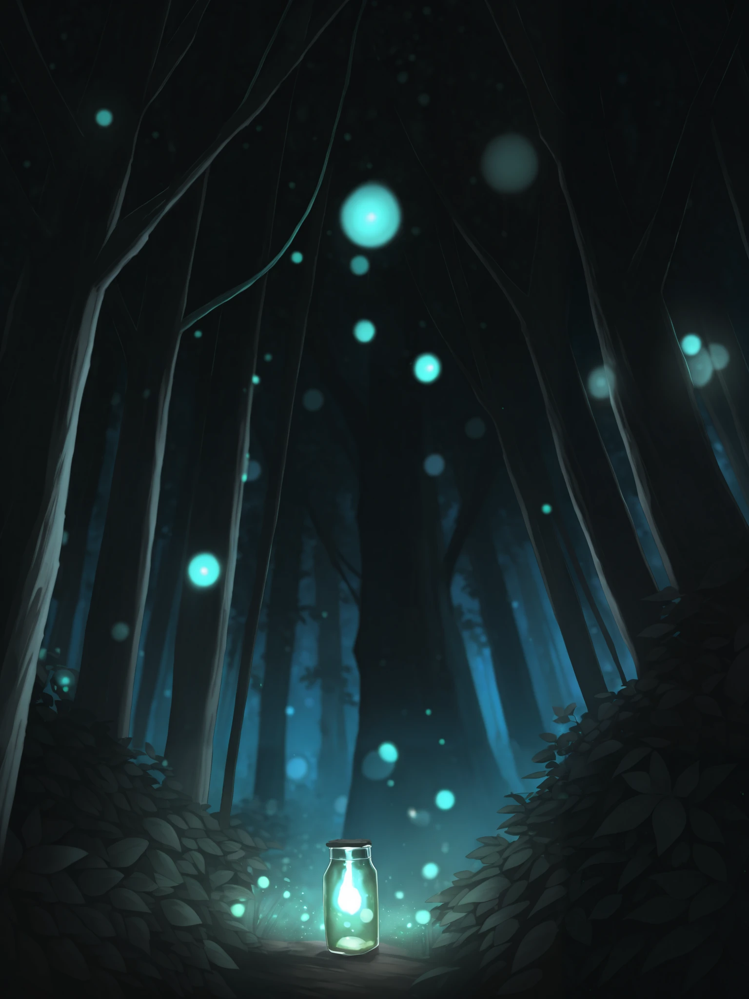 a dimly lit enchanting forest at night, mason jar glowing with ethereal fireflies, mesmerizing otherworldly atmosphere, highly detailed, 8k, dramatic lighting, fantasy, magical, mystical, bokeh, lush foliage, dramatic shadows, cinematic composition, warm color tones