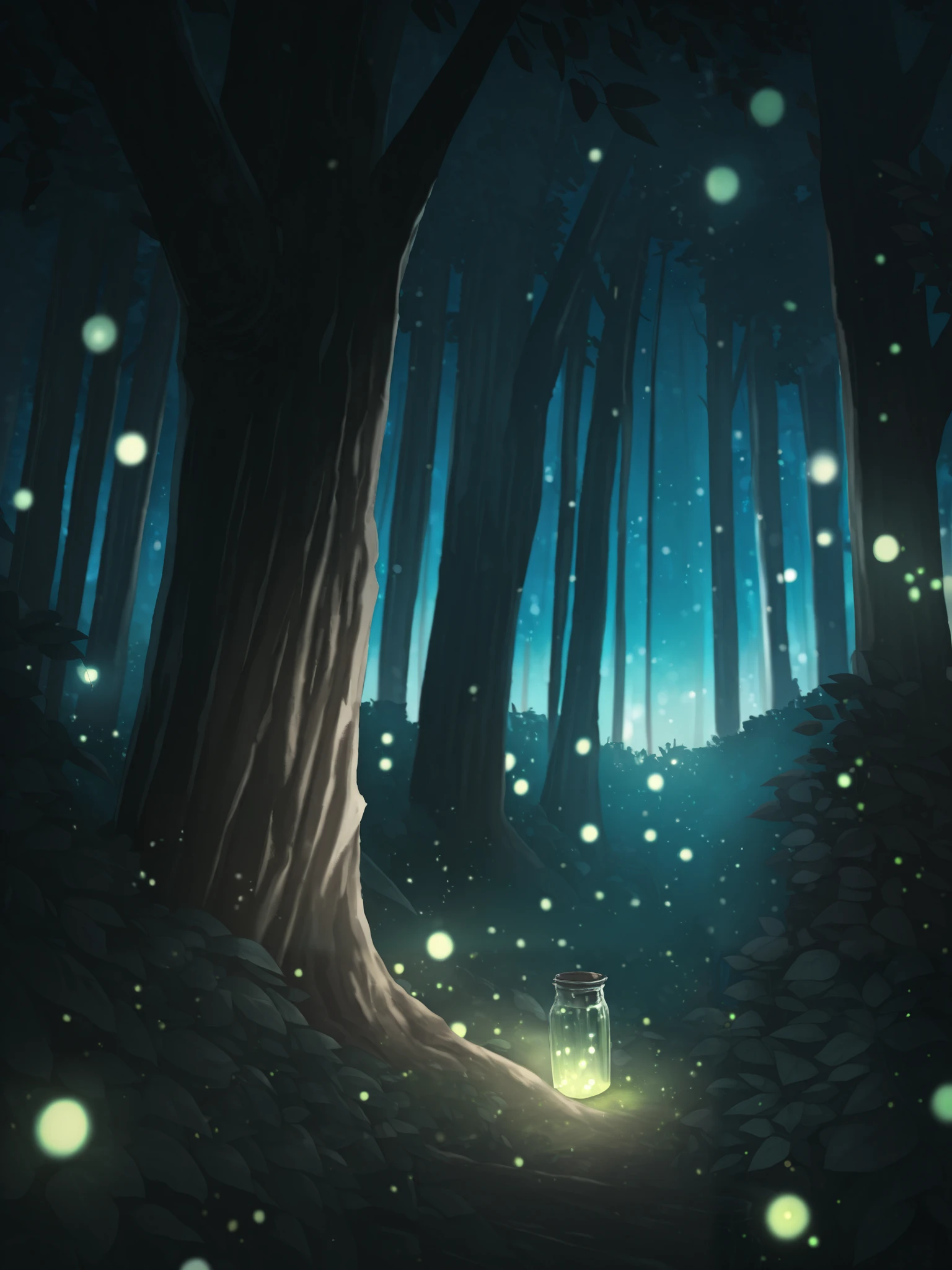 a dimly lit enchanting forest at night, mason jar glowing with ethereal fireflies, mesmerizing otherworldly atmosphere, highly detailed, 8k, dramatic lighting, fantasy, magical, mystical, bokeh, lush foliage, dramatic shadows, cinematic composition, warm color tones
