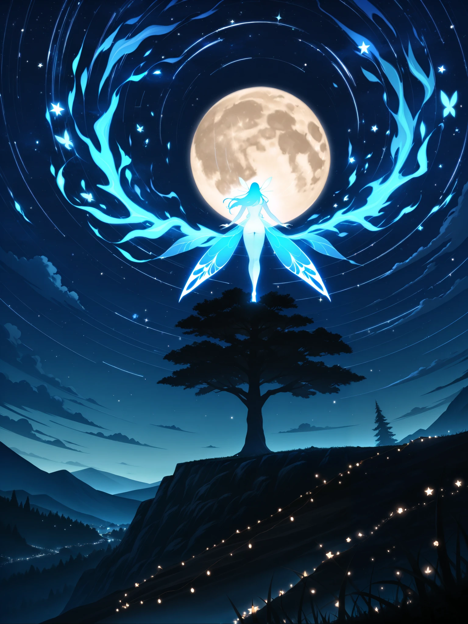 Magical midnight forest in anime style, with glowing flowers, fairy lights, and a luminous moon casting a soft glow. The cool, mystical tones create an enchanting ambiance, complemented by twinkling stars in the sky. The scene is serene and otherworldly, with no human figures.
