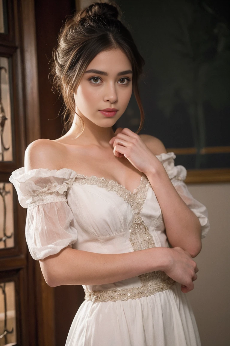 A stunning intricate full color portrait of (sks woman:1), wearing a royal off shoulder dress in white color, dark greyish plain background, epic character composition, by ilya kuvshinov, alessio albi, nina masic, sharp focus, natural lighting, subsurface scattering, f1.8, 35mm, film grain, (((black hair))), side bang, regal pose, official photoshoot, formal pose
