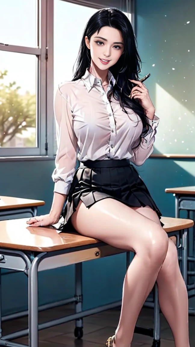 (Excellence in masterpieces, Best Quality: 1.2), Solo, 1 girl,A dark-haired, Mouth closed, Looking at Viewer, hand on face, Sitting, legs crossed, Collared shirt, tie up, Skirt, Stockings), shy, perfect face, embarassed, trending on artstation,