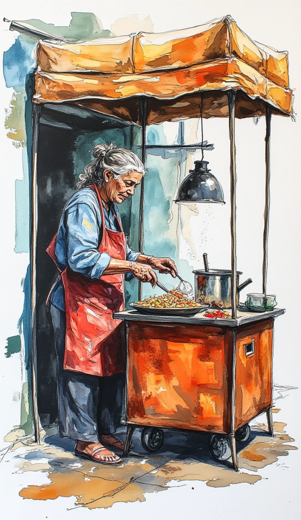 a mural art of an old woman from asia making food in her food stall, white background