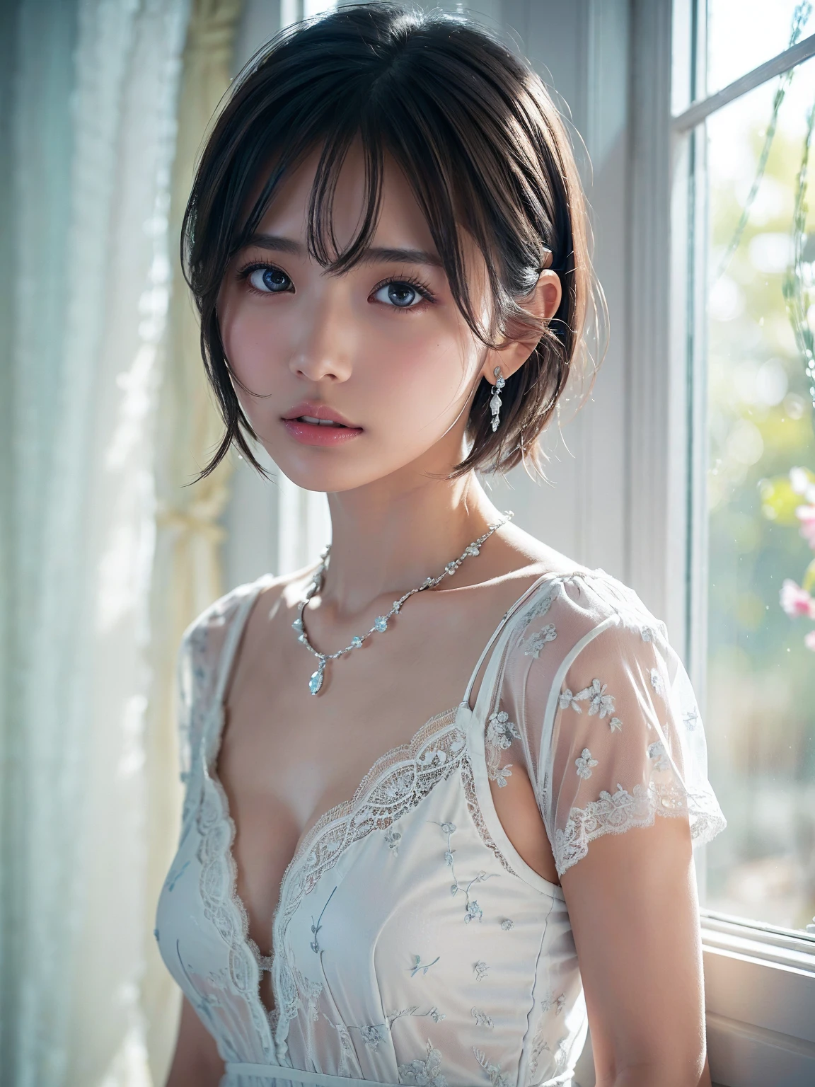  white lace dress,( see-through)、, small breasts, (((とてもエレガントで beautiful,  perfect detail, Very   Details))), whole body, The most   Details girl,  The depth of the written boundary, 美しく  Detailsなwhole body, Thin legs, 1 person, 30 years old,  very short hair ,   spike hair ,  gray and silver hair,  beautiful   Details hair,  Perfect Face,  expressionless,  beautiful,   Details, deep eyes, Please open your mouth a little,  Delicate arms and hands ,  blue-white skin,  earrings,  beautiful and gorgeous necklace,  colorful background, HD Backgrounds,  blurry background , とても繊細で beautiful, Masterpiece, ((( top quality, とても beautiful8K CG壁紙))), ((( medium haired))), ( in the room, stylish white interior, window)、 glowing skin 、 shiny hair 、