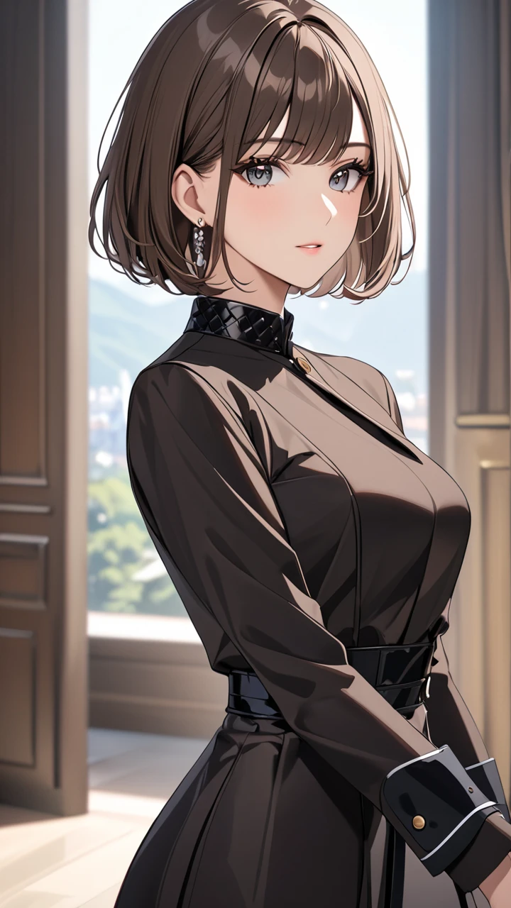 Highest quality masterpiece High resolution masterpiece Brown Bob Grey Eyes blunt cut