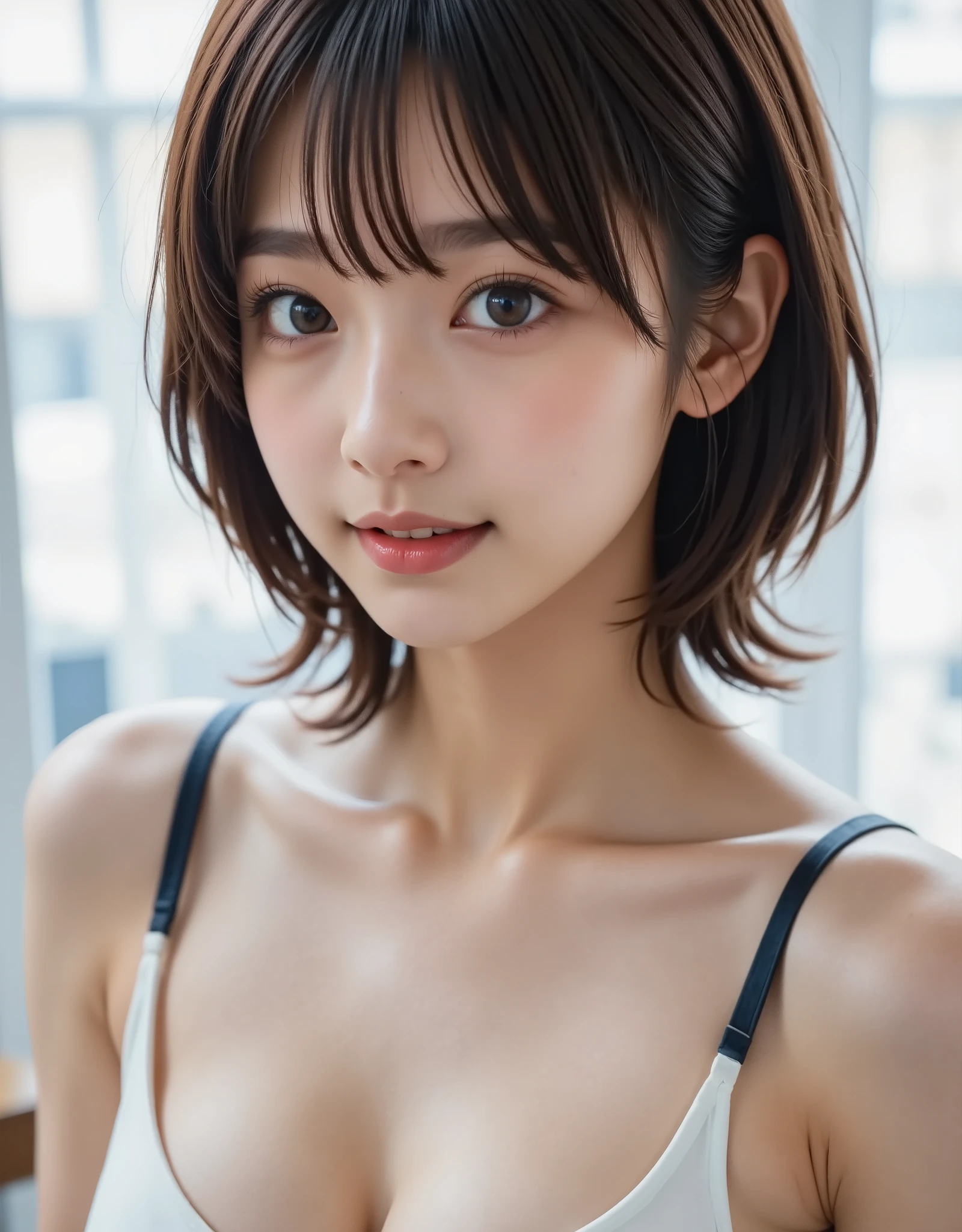  Detailed face , Cute face, 18 year old female, , Long hair, RAW photo, Bokeh ( Realism: 1.4, Realistic), High resolution CG integrated 8K wallpaper , A girl , (( Slender body: 1)), (Natural breasts:1.2), (Lifted and well-defined breasts:1.2),, Back to viewer, ((Direct view from the front )), ( High quality スキン: 1. 4), 8K Ultra HD, DSLR , soft light, high quality , film grain, Fujifilm XT3, (( , short skirt, can be seen through open skirt:1.5)), (( white bed)) phone, (( layered short hairstyle,:1.2)),( show to viewer:1.4),(full body:1.8), 
