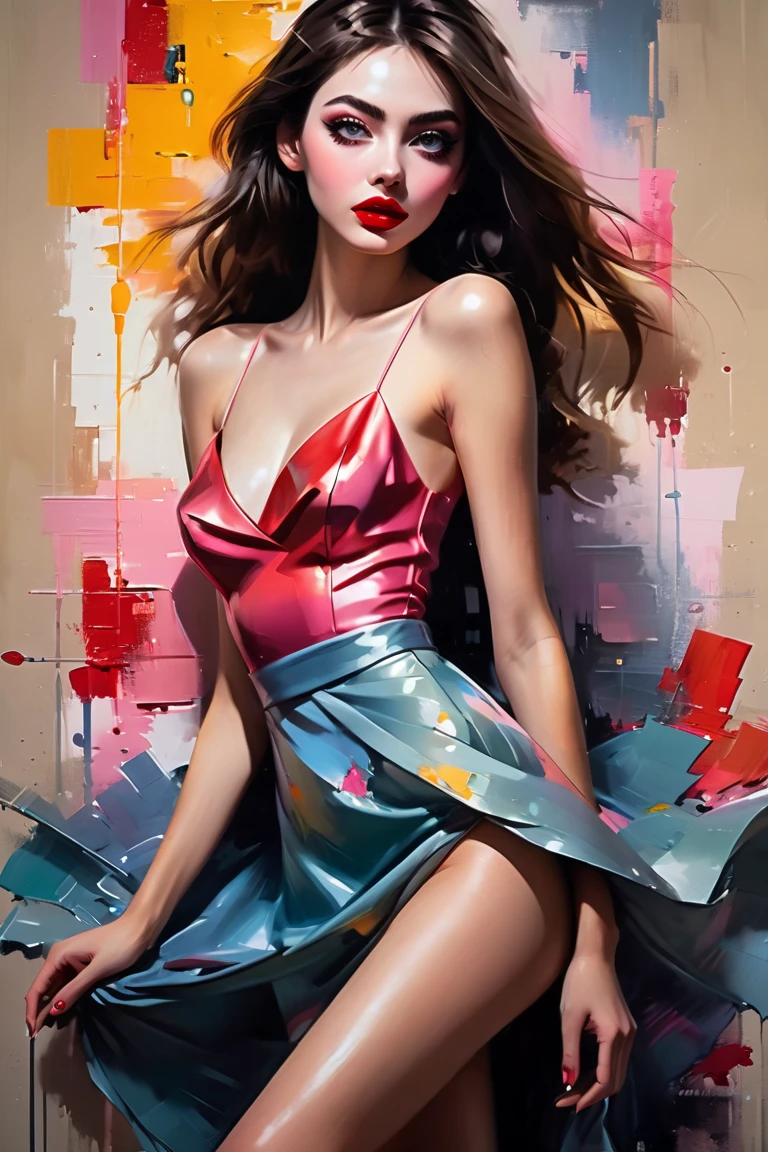  Create a contemporary portrait of a pink light gown dress
((whole body), Practical, Fashion Girl, Red lips, Cute
woman, cosmetic, big eyes, beautiful eyes, (whole
body), (From below), (best quality, masterpiece:1.2),
Very detailed, (Practical:1 .37), (Sexy long legs)),
beautiful, Young and energetic, Charming model, Large
Breasts, Clive Arch, (Exquisite eyes, Delicate lips,
extremely Exquisite eyes), Show a bright smile, Create
stunning girl images, warm color,  high color
saturation, Official Art,(High Dynamic Range :1.4), (Movie),
(Soft colors, Dull Color, Soothing tone :1.3), (Natural
skin texture, ultra-Practical, Soft Light, sharp),(Very
detailed),  in the
expressive and painterly style of Malcolm Liepke,
utilizing a palette of light pink, yellow and red,
light grayish blue. Dynamic
brushstrokes and a focus on capturina the depth. The painting style is expressive a
nd dynamic, showcasing bold brush strokes and a rich color palette .