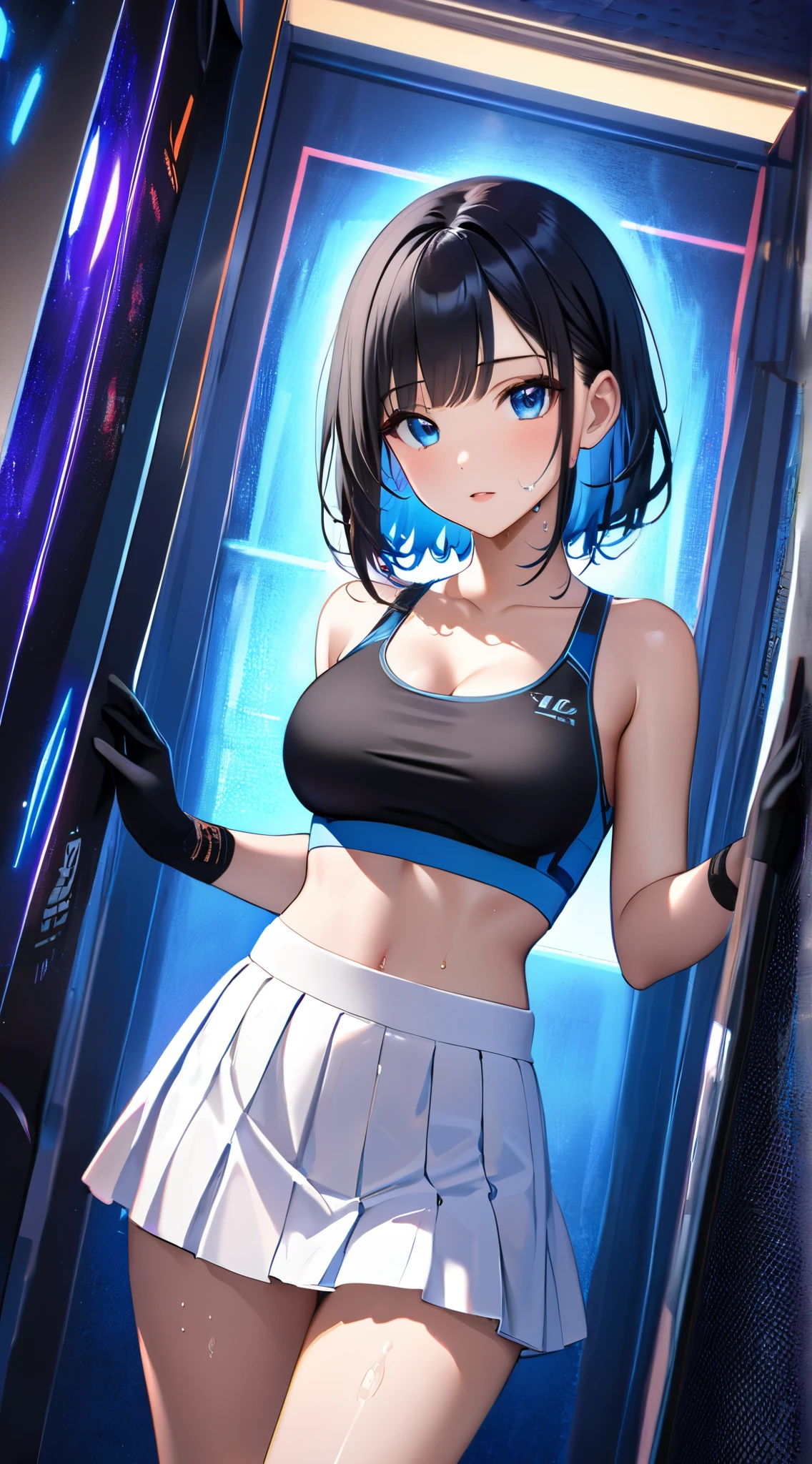 absurdres, RAW photo, extremely delicate and beautiful, masterpiece, Best Quality, ultra high resolution, 32k, hyperrealistic, ultra-detailed, Very detailed CG 8k wallpaper, Beautiful Lighting, Perfect Lightning, Realistic Shadows, perfect anatomy, super Detailed skin, perfect figure, Japanese woman, late 20s, very Slim body, narrow waist, very small head, handsome detailed woman, very detailed eyes and face, realistic face proportions, Stunning detailed eyes, Realistic beautiful face, very small face, Realistic small beautiful eyes, tearful mole, earring, beautiful and very thin legs, beautiful and very thin thighs, very huge round breasts, medium hair, black hair, full body shot, (volleyball uniform:1.2), shorts, midriff,