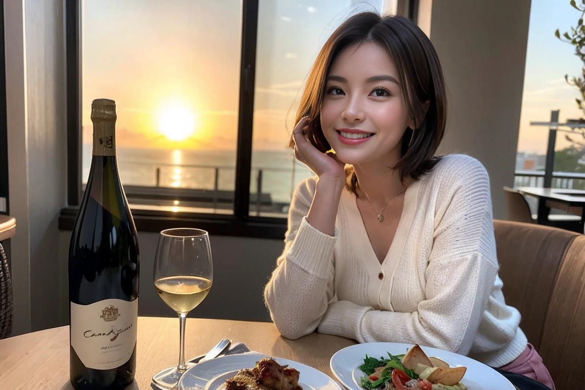 (Realistic:1.1),(masterpiece,Highest quality),8k,(49 years old), 53 years old, slimカップル、Tight waist,Upper Body,full-course dinner、wine 、Amazing view of the sunset sky and clouds、Perfect Anatomy, Brown Hair, short hair,Random Hairstyles,((Highly detailed face and eyes:1.2)),Perfect golden ratio face,Long sleeve shirt、dress,(smile:1.2)、Shortcuts、cute、(Realistic, Intricate details:1.2), A bright smile、short hair,Bright Face、赤wine 、Appetizers、Italian food、wine bottle、Champagne、スパークリングwine、(slimな顔), (The body is slim), (Brown Hair), (Shortcuts), Upper Body, 白wine, slim, wineグラス,