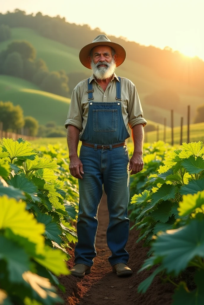 A old man holding his harvest in front of his farm with chickens.