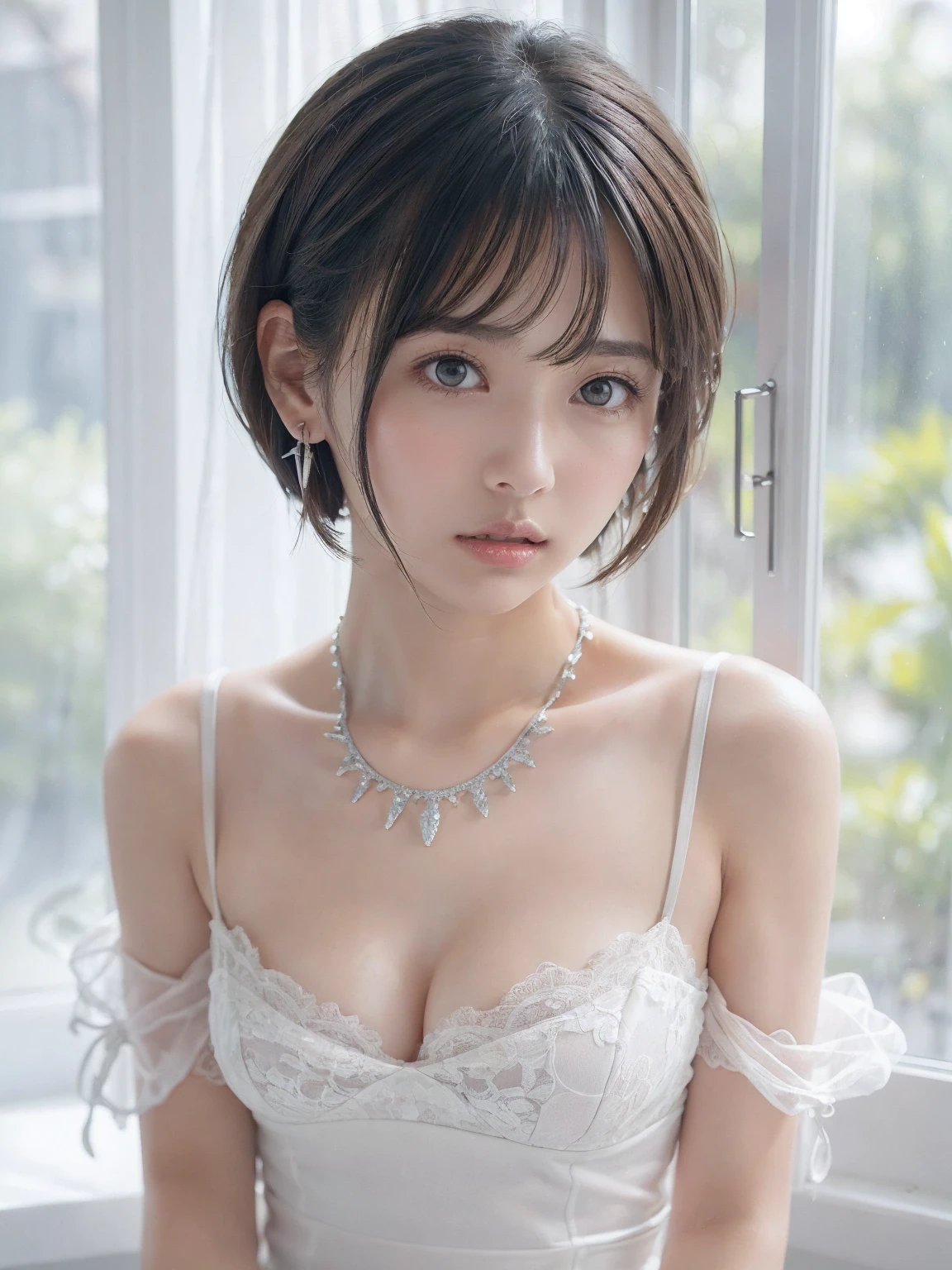  white lace dress,( see-through)、, small breasts, (((とてもエレガントで beautiful,  perfect detail, Very   Details))), whole body, The most   Details girl,  The depth of the written boundary, 美しく  Detailsなwhole body, Thin legs, 1 person, 30 years old,  very short hair ,   spike hair ,  gray and silver hair,  beautiful   Details hair,  Perfect Face,  expressionless,  beautiful,   Details, deep eyes, Please open your mouth a little,  Delicate arms and hands ,  blue-white skin,  earrings,  beautiful and gorgeous necklace,  colorful background, HD Backgrounds,  blurry background , とても繊細で beautiful, Masterpiece, ((( top quality, とても beautiful8K CG壁紙))), ((( medium haired))), ( in the room, stylish white interior, window)、 glowing skin 、 shiny hair 、