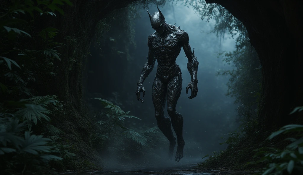 Faceless humanoid monster, standing in the dark forest