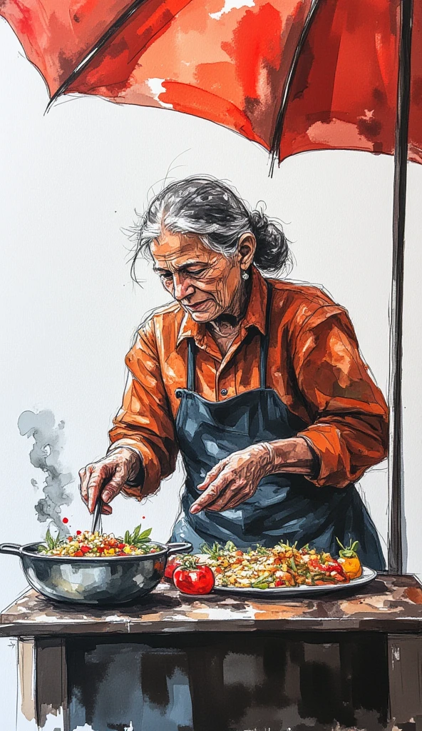 a mural art of an old woman from asia making street food in her food stall, white background