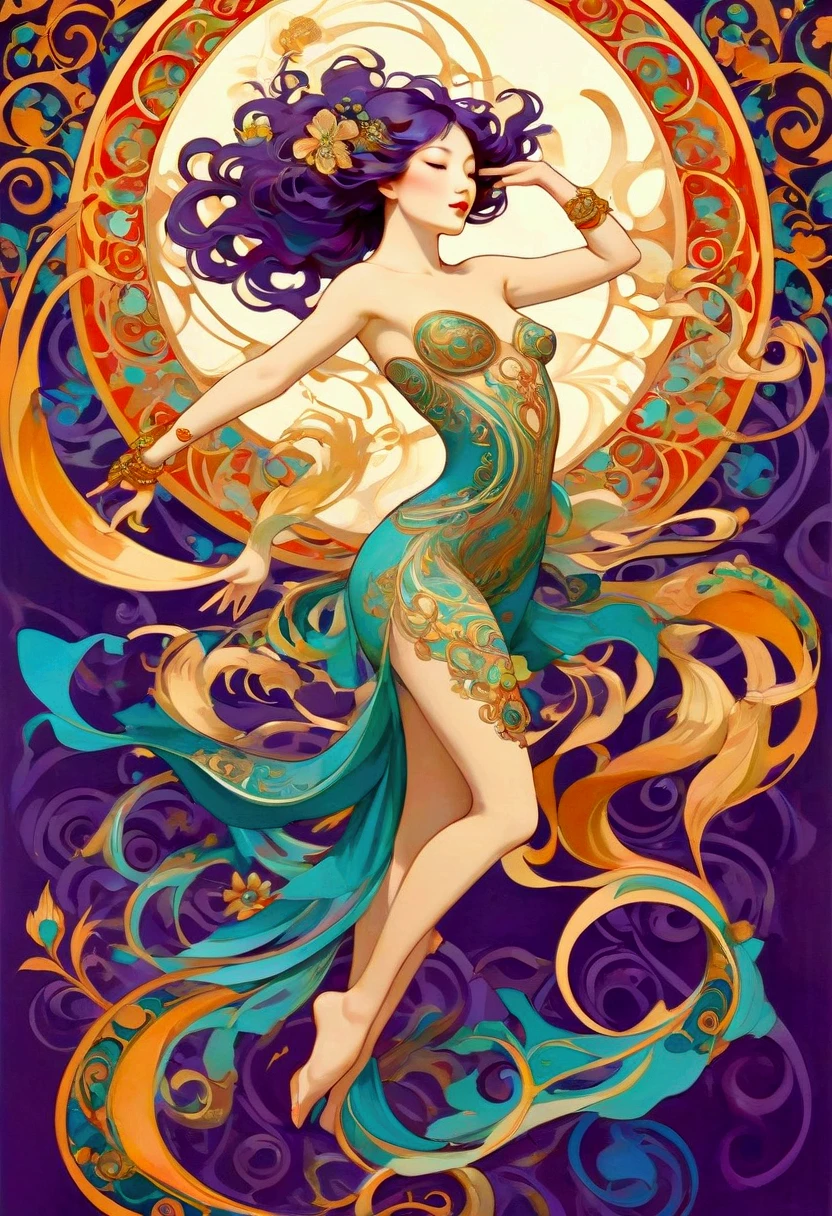 lwsh, illustration of a cute woman, dancing Glamorous Gatsby, A beaded and sequined flapper-style dress with a dropped waistline, accessorized with a feathered headband and long beaded necklace