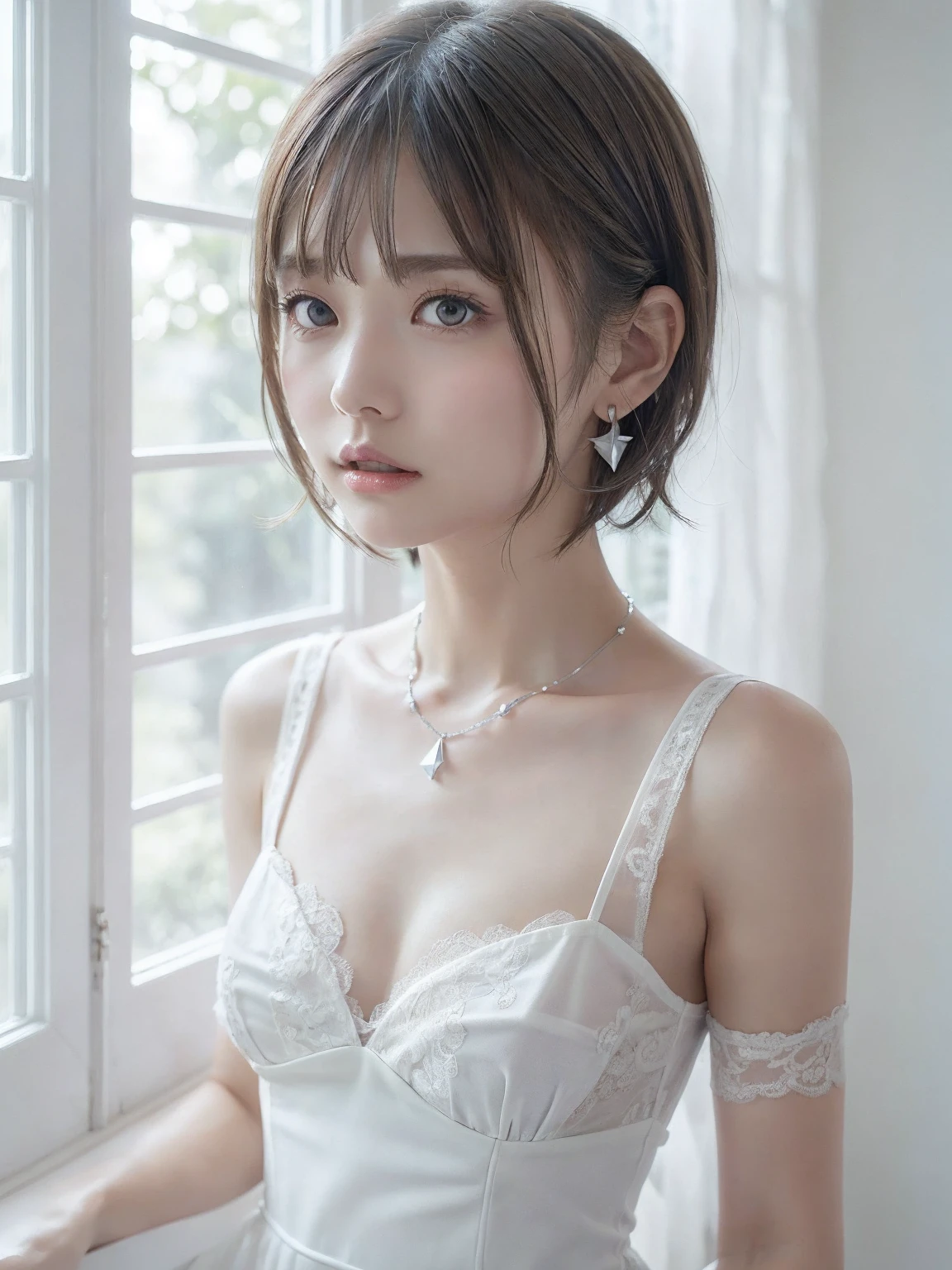  white lace dress,( see-through)、, small breasts, (((とてもエレガントで beautiful,  perfect detail, Very   Details))), whole body, The most   Details girl,  The depth of the written boundary, 美しく  Detailsなwhole body, Thin legs, 1 person, 30 years old,  very short hair ,   spike hair ,  gray and silver hair,  beautiful   Details hair,  Perfect Face,  expressionless,  beautiful,   Details, deep eyes, Please open your mouth a little,  Delicate arms and hands ,  blue-white skin,  earrings,  beautiful and gorgeous necklace,  colorful background, HD Backgrounds,  blurry background , とても繊細で beautiful, Masterpiece, ((( top quality, とても beautiful8K CG壁紙))), ((( medium haired))), ( in the room, stylish white interior, window)、 glowing skin 、 shiny hair 、