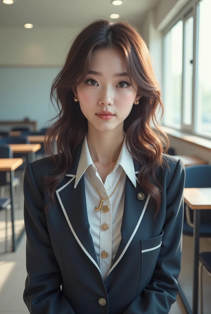 Tabletop, Highest quality, figure, Super detailed, In detail, High resolution, 8k wallpaper, Perfect dynamic composition, Beautiful attention to detail, Natural Lip,Wear a uniform、Blurry school background