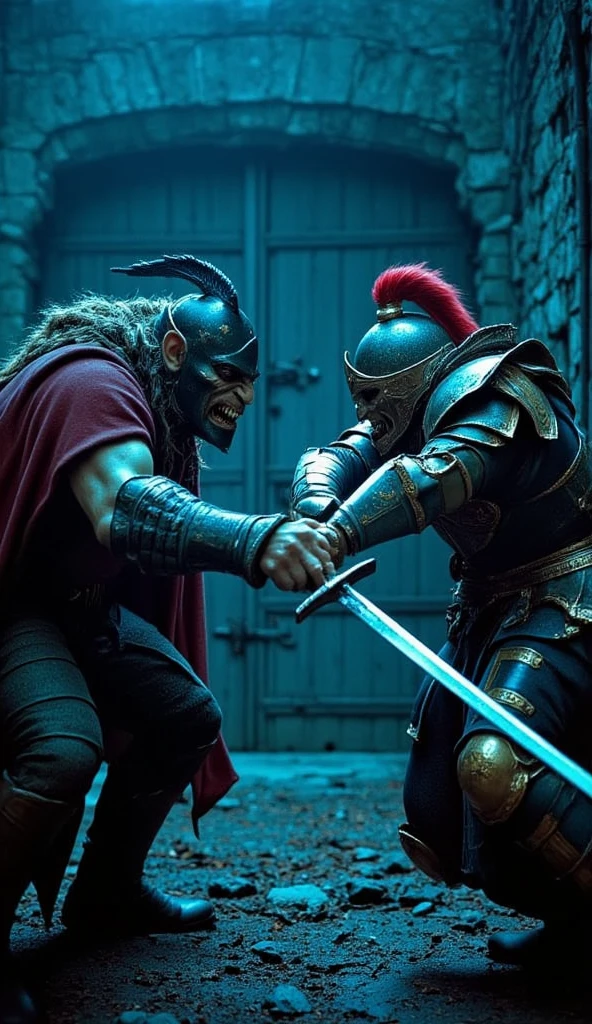 Cinematic shot, Orc fighter, with a fierce expression, sharp facial features, and a distinctive underbite, wearing a helmet with a nose guard, and a cape flowing behind him, with a clasp shaped like a snarling beast, clashing swords with a medieval knight, with a determined look, wearing a suit of armor with a golden trim, and a red plume on his helmet, which is slightly battered and dented, cold cinematic lighting with a blue tint, dark and ominous atmosphere, ruined castle background, with stone walls, broken windows, and a large wooden gate, hanging crookedly from its hinges, Nikon D850, 8k, high quality, bokeh