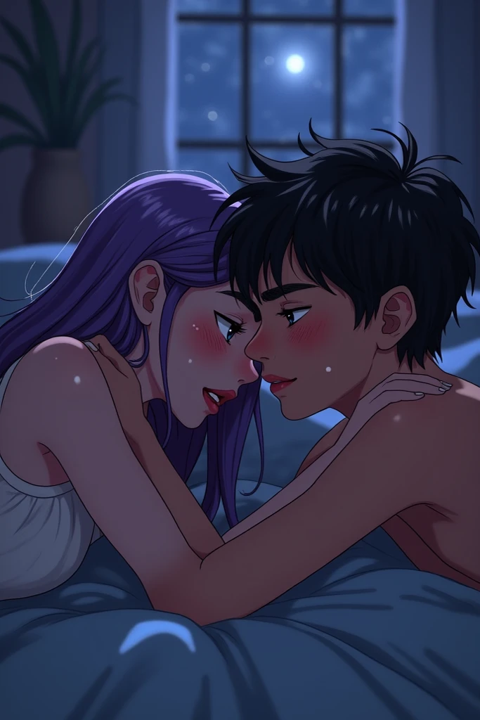 A young man, naughty man, 20 year, offwhite, eyes browns, dark hair, medium short cut, Unclothed, passionately kissing a young girl, Woman, white, pink skin tone, 20 year, eyes browns, straight lilac hair in a slightly messy bun, without clothes, sitting on his lap, on the bed, in a low light room, the night, with blinkers, and with trees in the window in the background, in the style of hentai art