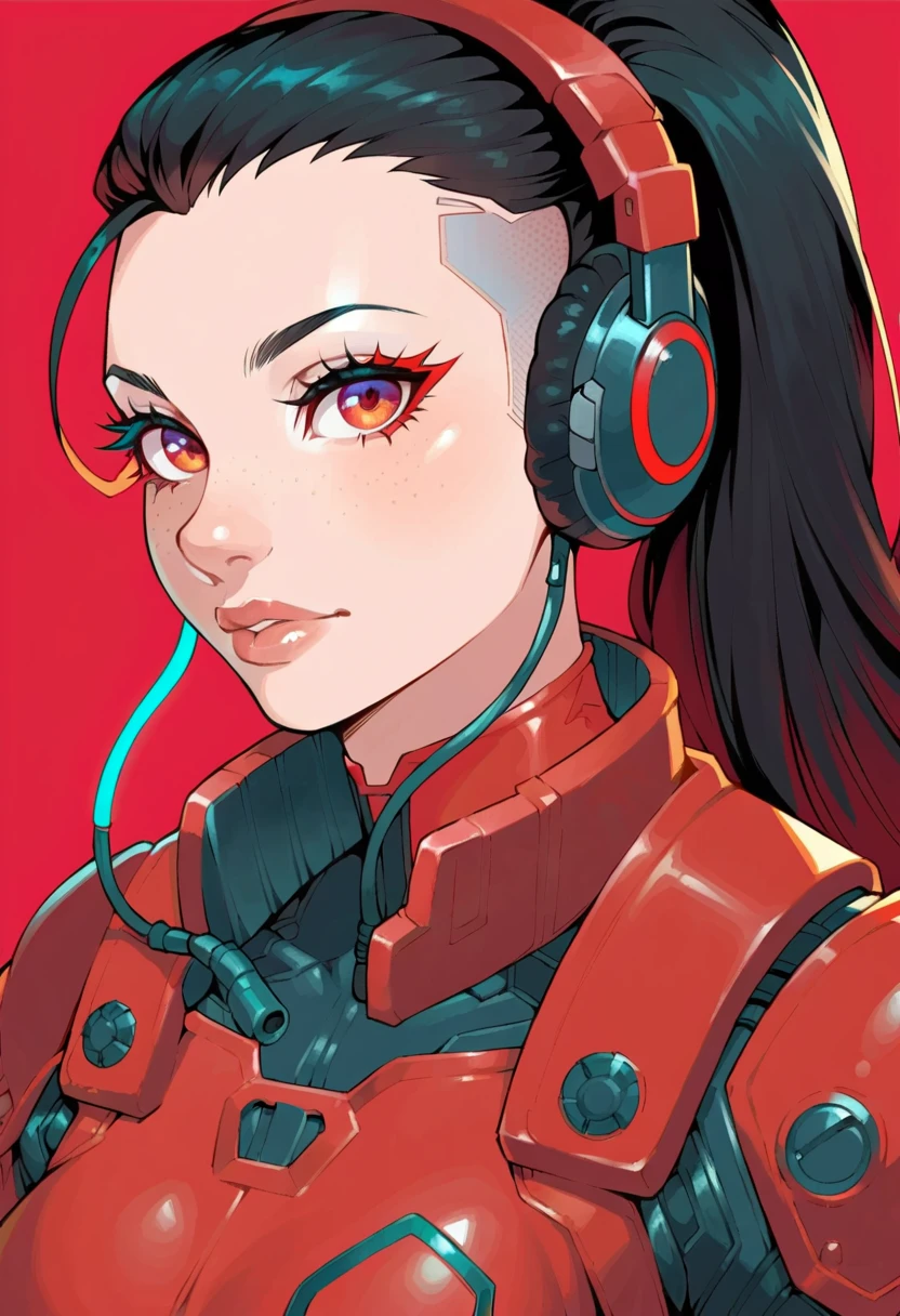 score_9, score_8_up, score_7_up,1girl, solo, red background, black hair, red eyes, ponytail, looking at viewer, science fiction, simple background, long hair, upper body, red theme, cyberpunk, freckles, portrait, , cable, armor, glowing, mechanical parts, headphones, eyelashes, bodysuit, nose, red eyelashes, colored eyelashes