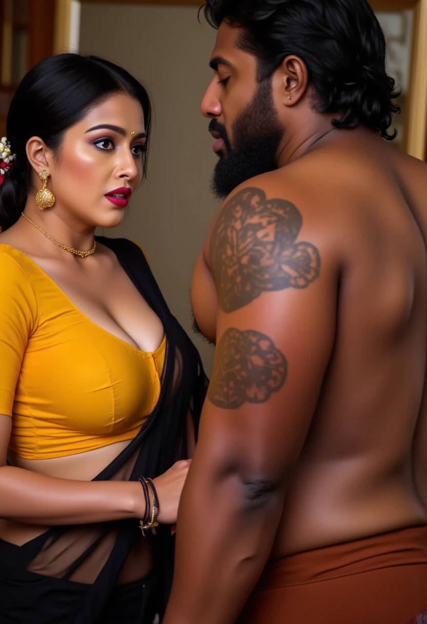 Dusky body, yellow blouse, black see through saree,standing in a bedroom, sweat drops seen in her body, hair tied around,, red lips, deep navel, sexy waist folds, nosering, Fit and curvy body, sleeveless blouse, costly room, bangles in hand, bindi in forehead, ,is seducing on an alpha tall dark black skin big huge muscles rugged dark skin black , bulged african grooms,wearying half paint ,having a full, thick careless beard. He has curly, voluminous careless hair and is shirtless, showcasing extensive tattoos,on his chest ,on his shoulders, 8k , intricate details 