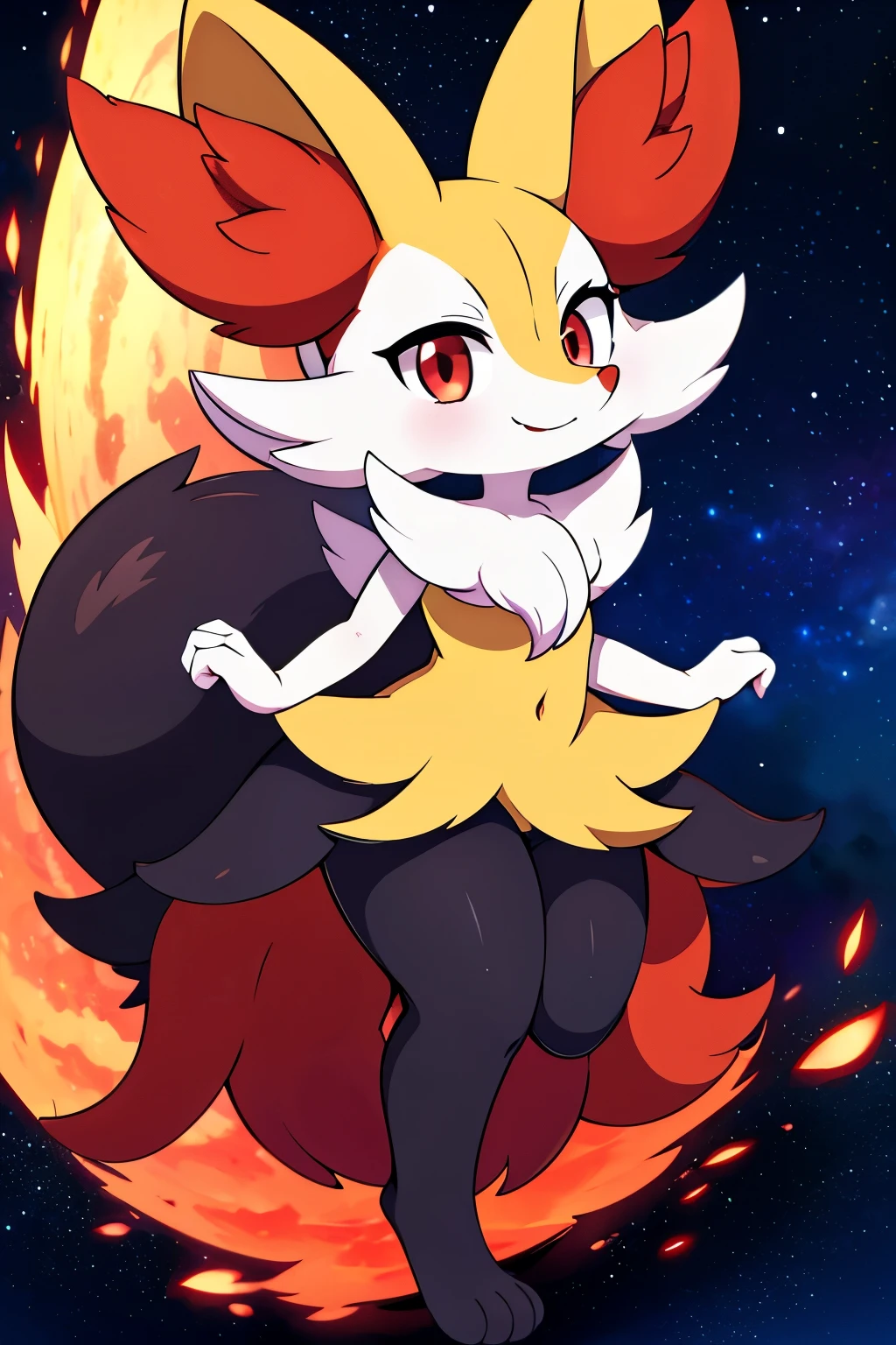 real e621, photorealistic, masterpiece, Braixen_(pokemon), looking at viewer, sharp red eyes, full body portrait, sweet smile, humanoid furry body, sexy, sexy pose, full body, female charm, smiling, nigh sky, brilliant stars and cosmos, dark blu night sky