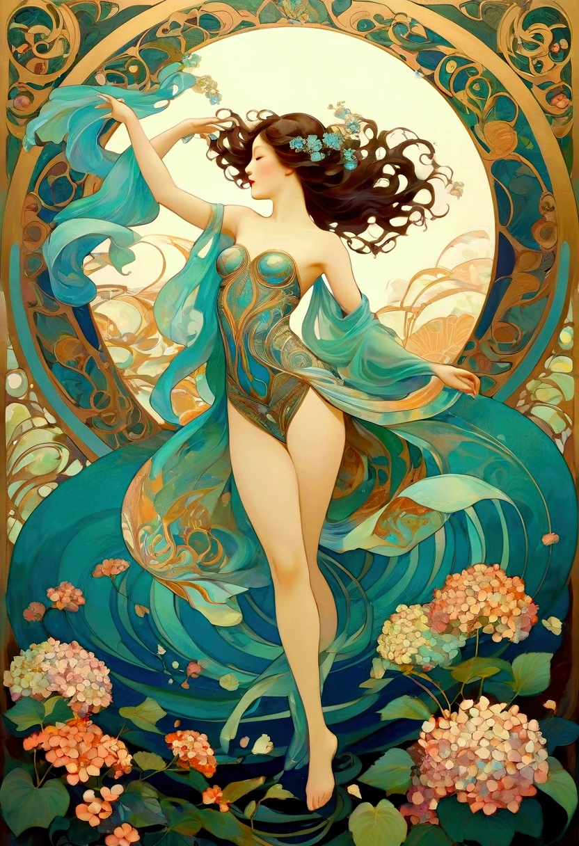 there are two people that are standing in the water with a shell, inspired by Carlos Schwabe, by Jean Delville, francois schuiten, (art nouveau), ( art nouveau ), by Wilhelm Sasnal, by Raphael Kirchner, style of jean delville, by Heinrich Bichler, jean delville fertile, edward hopper and milo manara