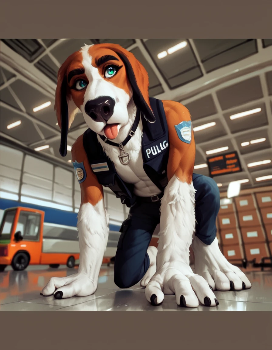 Score_9, Score_8_up, Score_7_up, Score_6_up, Score_5_up, Score_4_up,  a adult, saddleback tan and white scent hound, anthropomorphic furry, wearing a black  police vest, airport cargo room, walking on all fours, crouching, white snout, humanized  body, human eyes, human arms, human hands, tongue sticking out l, knees off the floor, long neck fluff 