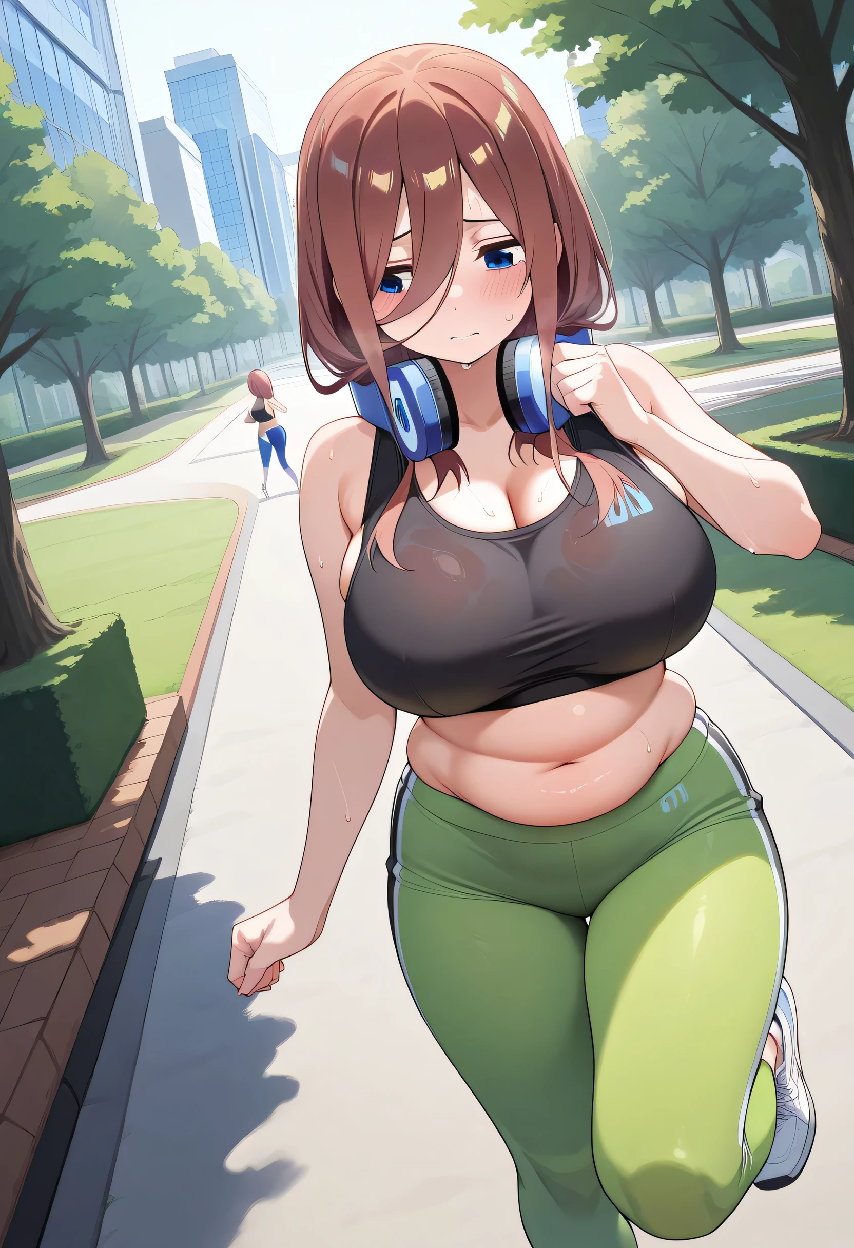  1 girl fights, MIKU NAKANO , Miku Nakano, Park, back city , morning,runs, trees, tired, tired, потная, sweat,  white sports sneakers ,  in white sports sneakers,  big boobs,  very big chest,  large breasts ,  black sports bra , sweaty clothes,  Convex big breasts, plush chest , plump tummy , runs, full, plump, green sports leggings,  green leggings , 