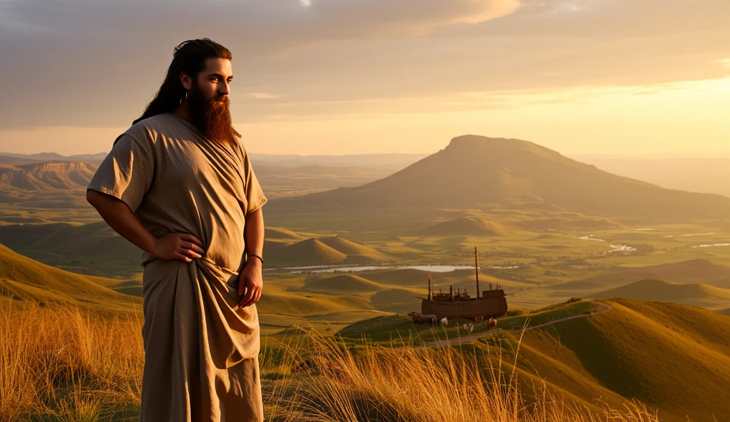 "A peaceful scene of ancient Mesopotamia shortly after the Great Flood. Shem, a wise and noble figure with a long beard, stands on a hill overlooking a vast fertile plain. The Ark rests in the background on Mount Ararat, surrounded by a few grazing animals. Shem wears simple but dignified robes, symbolizing his role as the forefather of Semitic nations. The sky is painted with warm hues of dawn, symbolizing hope and the beginning of new civilizations. Shem’s face reflects wisdom and a deep sense of purpose as he surveys the land that will become home to his descendants."
