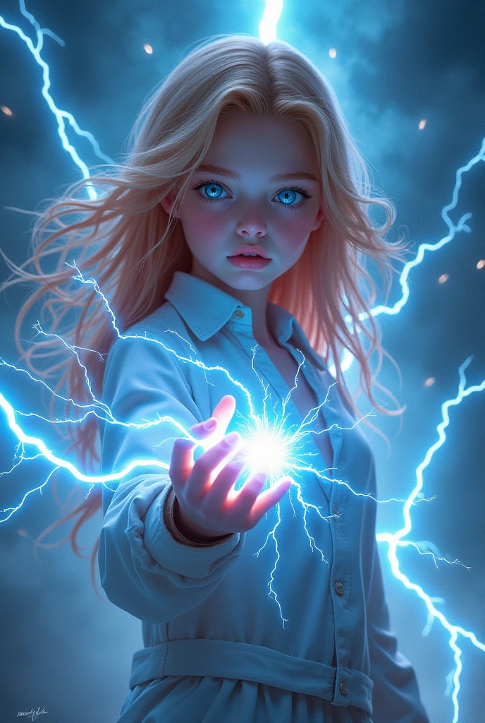 CHILD GIRL WITH LONG BLONDE HAIR IN RED JACKETS,WITH A BLUE BALL WITH LIGHTNING IN HER HAND coming out of it, aura of electricity, superpowers of electricity, electric aura, electricity, electric wallpaper, pulsating energy, strands of cosmic energy, lightning of electricity, interdimensional lightning, electrification, blue lightning, spheres of energy, electric, electric, energy emanating and flowing, blue energy, electric sparks, pulsating energy, flowing energy