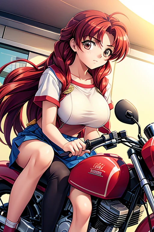  high school girl、Big Breasts、 long hair、Background Morning Way to School 、 Twin Roll Hair Red、Ride on a big motorcycle