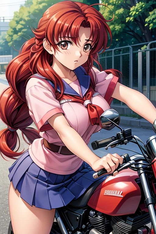  high school girl、Big Breasts、 long hair、Background Morning Way to School 、 Twin Roll Hair Red、Ride on a big motorcycle